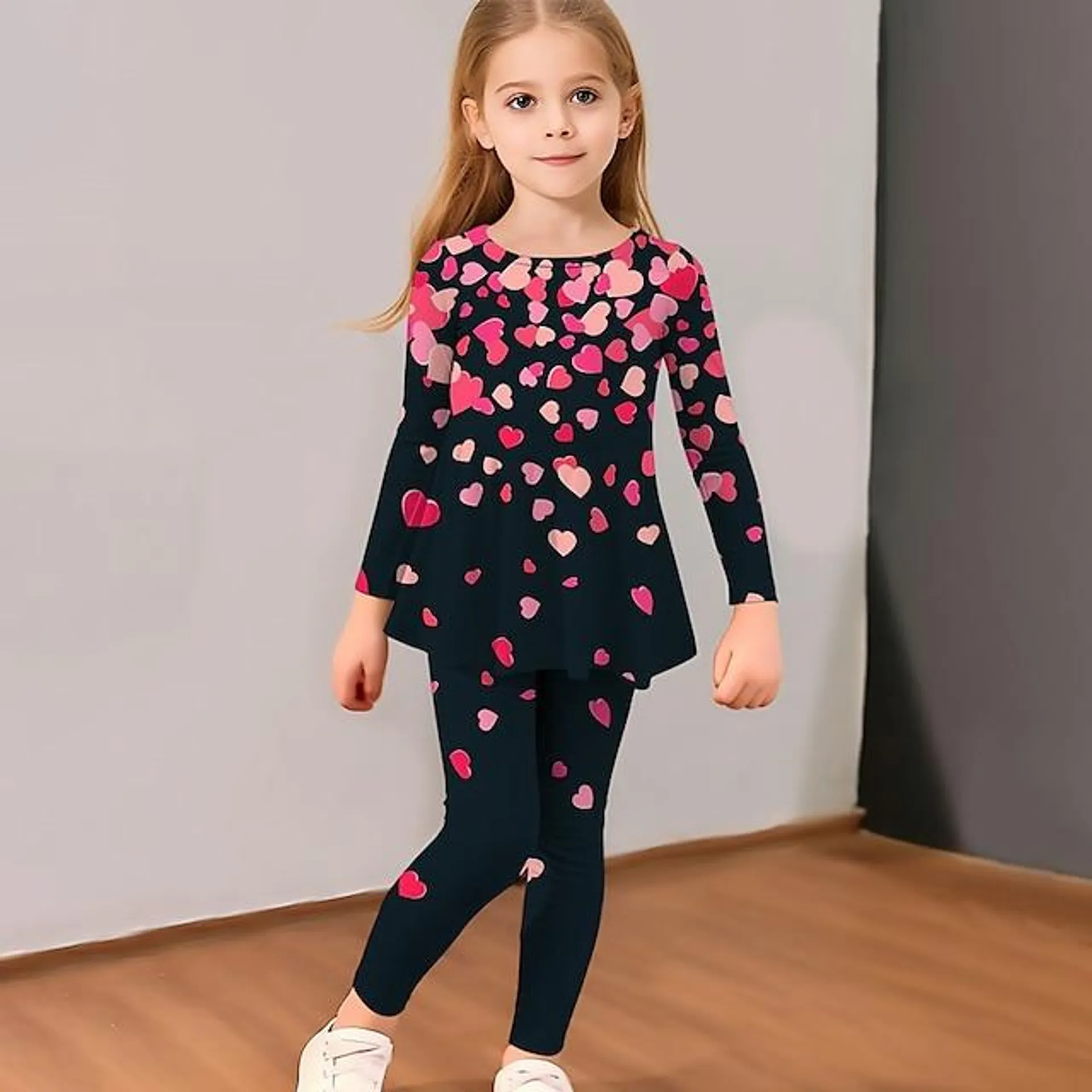 Chica 3D Corazón Camiseta y mallas Conjunto de vestido con volantes Manga Larga Impresión 3D Otoño Invierno Activo Moda Diario Poliéster Niños 3-12 años Exterior Cita Vacaciones Ajuste regular