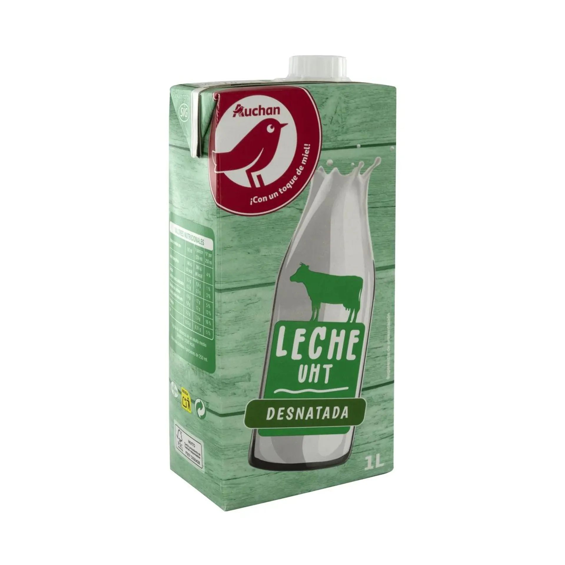 AUCHAN Leche desnatada de vaca 1 l. Producto Alcampo