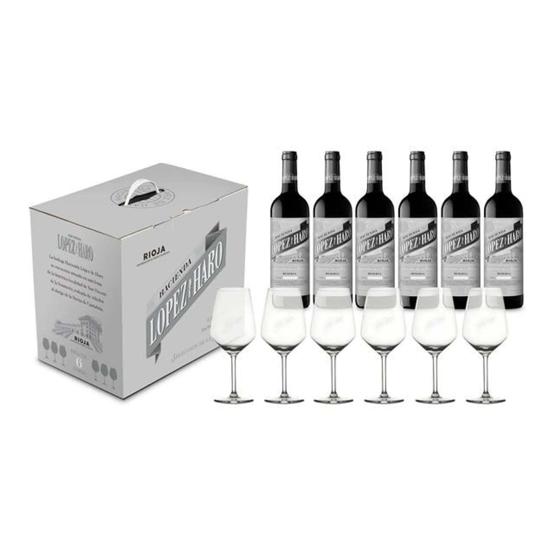 Estuche 6 botellas Vino tinto López de Haro Selección de la Familia Reserva Rioja + 6 copas