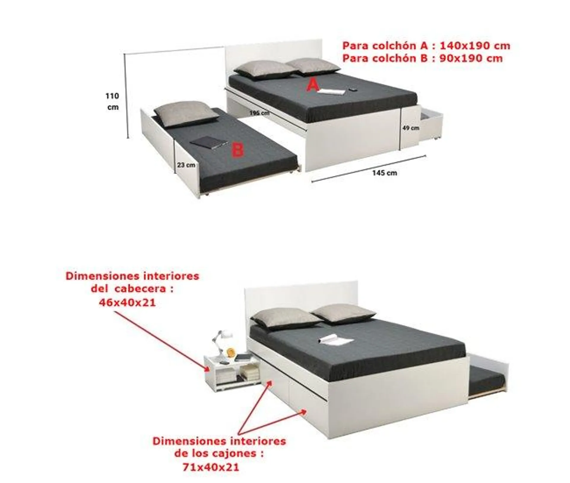 Cama nido ALPHA 140x190cm 2 cajones 1 mesita y cama blanco