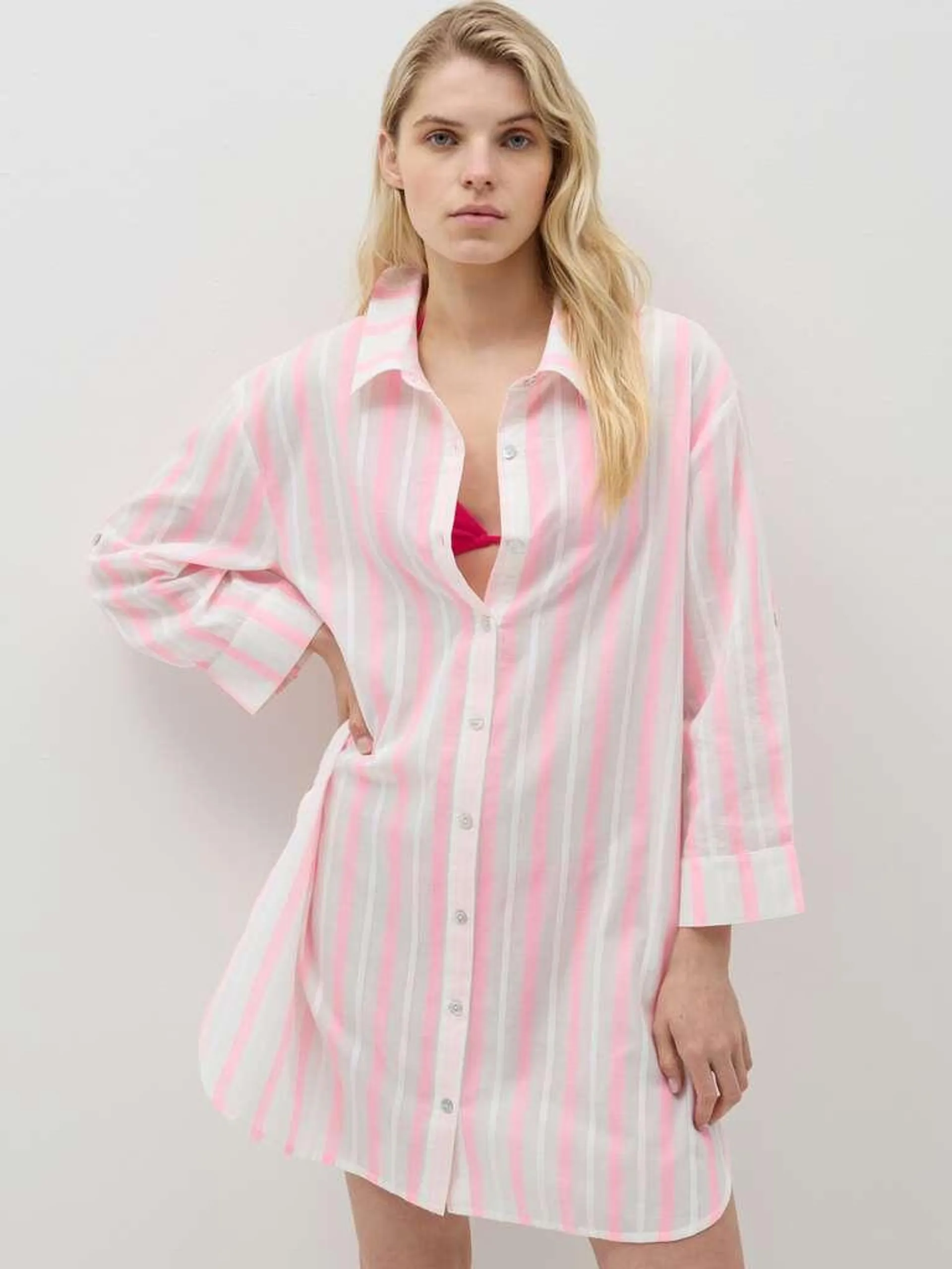 White/Pink Striped beach cover-up shirt with embroidery