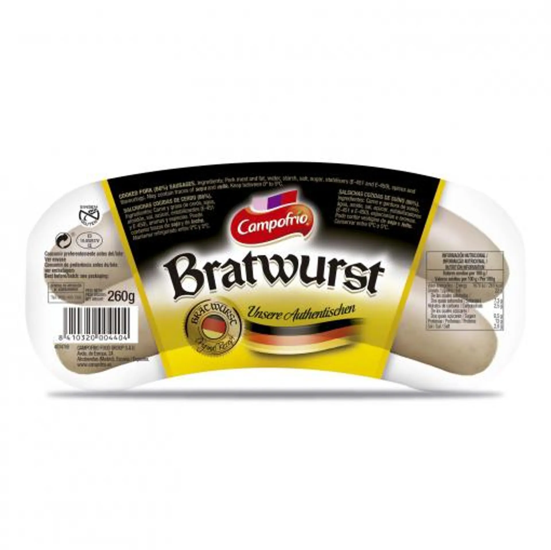 Salchichas alemanas cocidas tipo Bratwurst Campofrío sin gluten 260 g.
