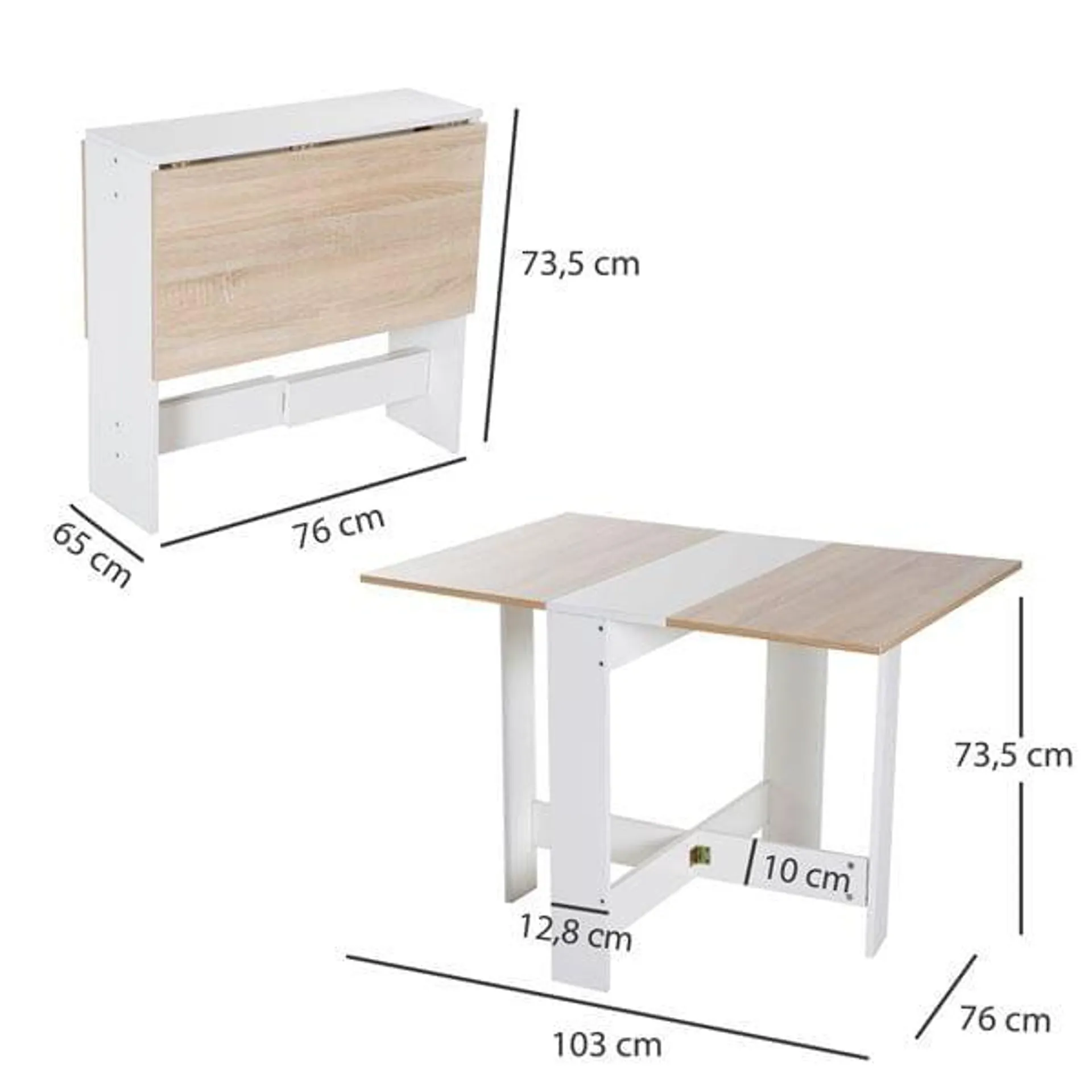 Mesa de comedor plegable Homcom 2 alas abatibles roble/blanco 73,5x103x76 cm