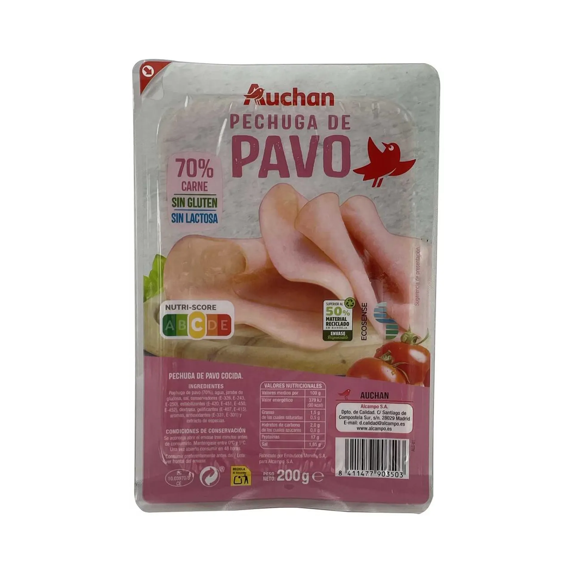 AUCHAN Pechuga cocida de pavo, sin gluten y sin lactosa y cortadas en lonchas 200 g. Producto Alcampo