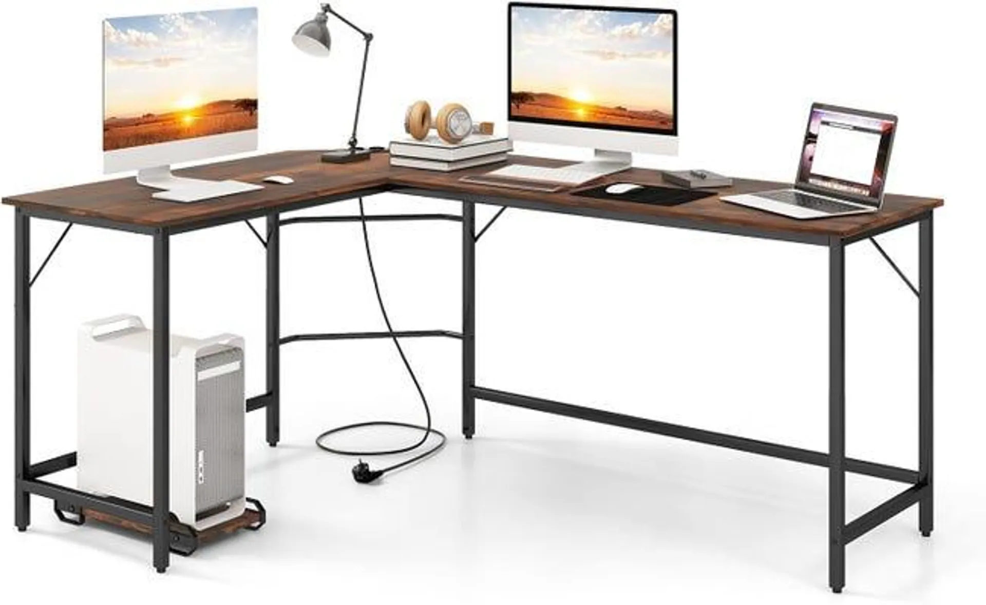 COSTWAY Escritorio Esquinero con Toma de Corriente, 168x125 cm, Escritorio en L Grande con Soporte para CPU, Marco de Metal, Mesa en L Oficina (café)