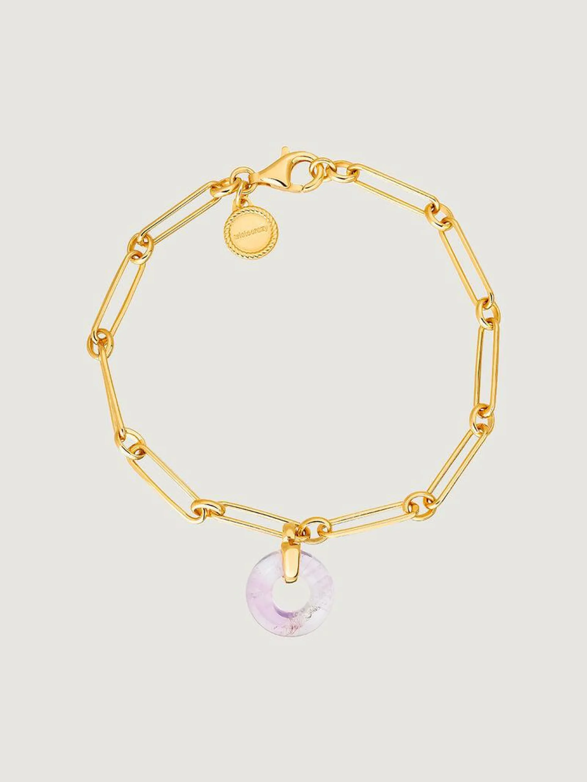 Pulsera de eslabones de plata 925 bañada en oro amarillo de 18K con amatista morada