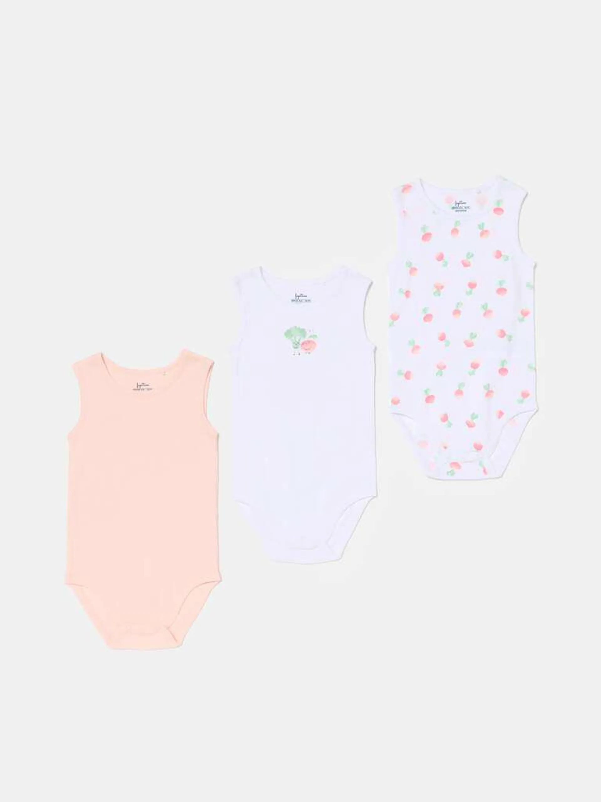 Three-pack bodysuits in organic cotton with print Blanc/rose