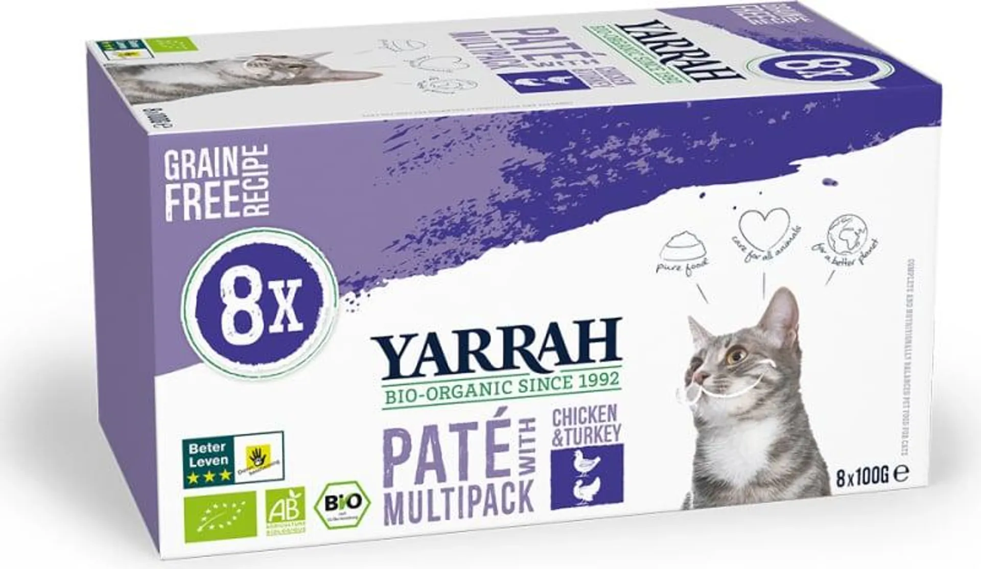 YARRAH Bio Multipack Paté para gatos 8x100g Pollo y pavo sin cereales