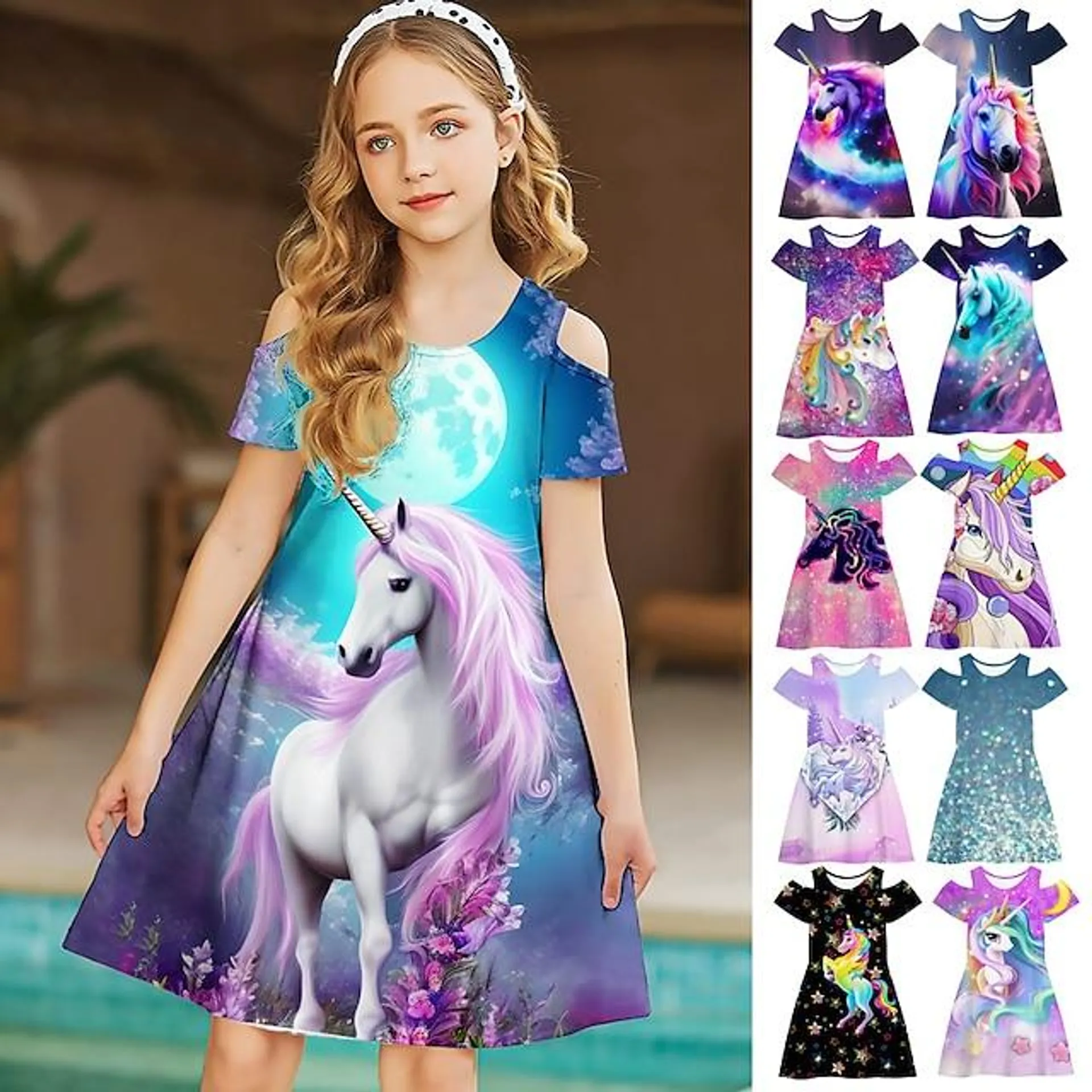 Niños Chica Vestido Graphic Animal Unicornio Manga Corta Exterior Casual Ahuecado Moda Estilo lindo Diario Poliéster Sobre la rodilla Vestido informal Vestido de una línea Verano Primavera 3-12 años