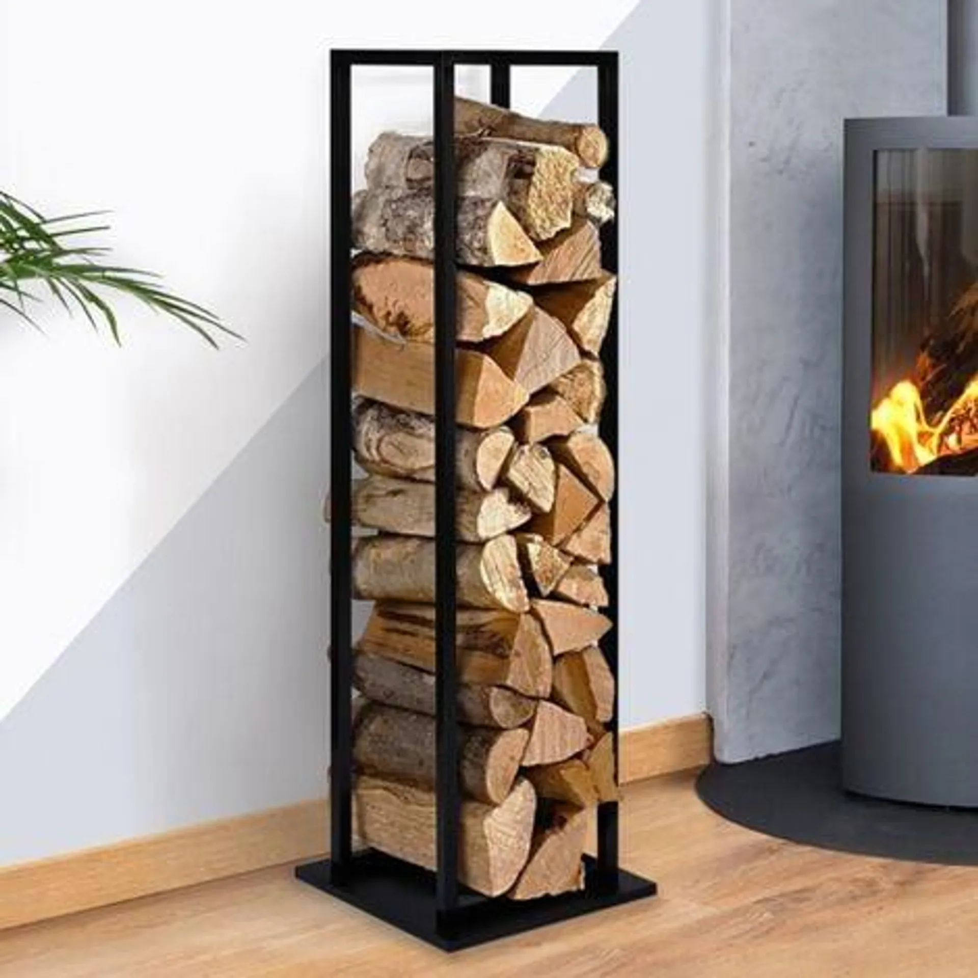 Leñero vertical de acero negro con estante H.112 CM para chimeneas