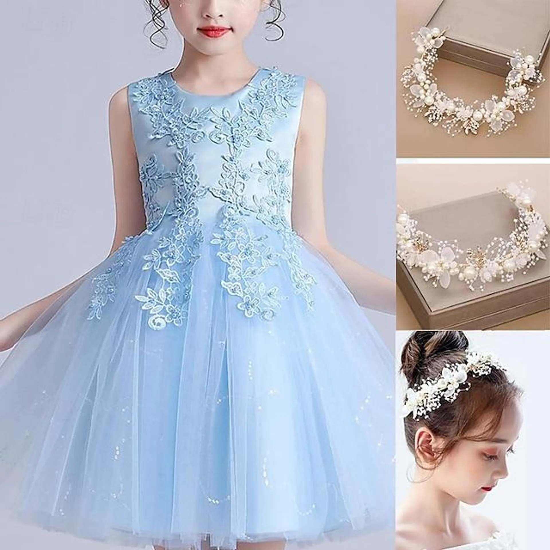 Vestido bordado para niña, vestido de flores, lentejuelas, azul marino, hasta la rodilla, sin mangas, vestidos dulces de princesa, corte regular, 3-12 años con cabeza de flor para niño