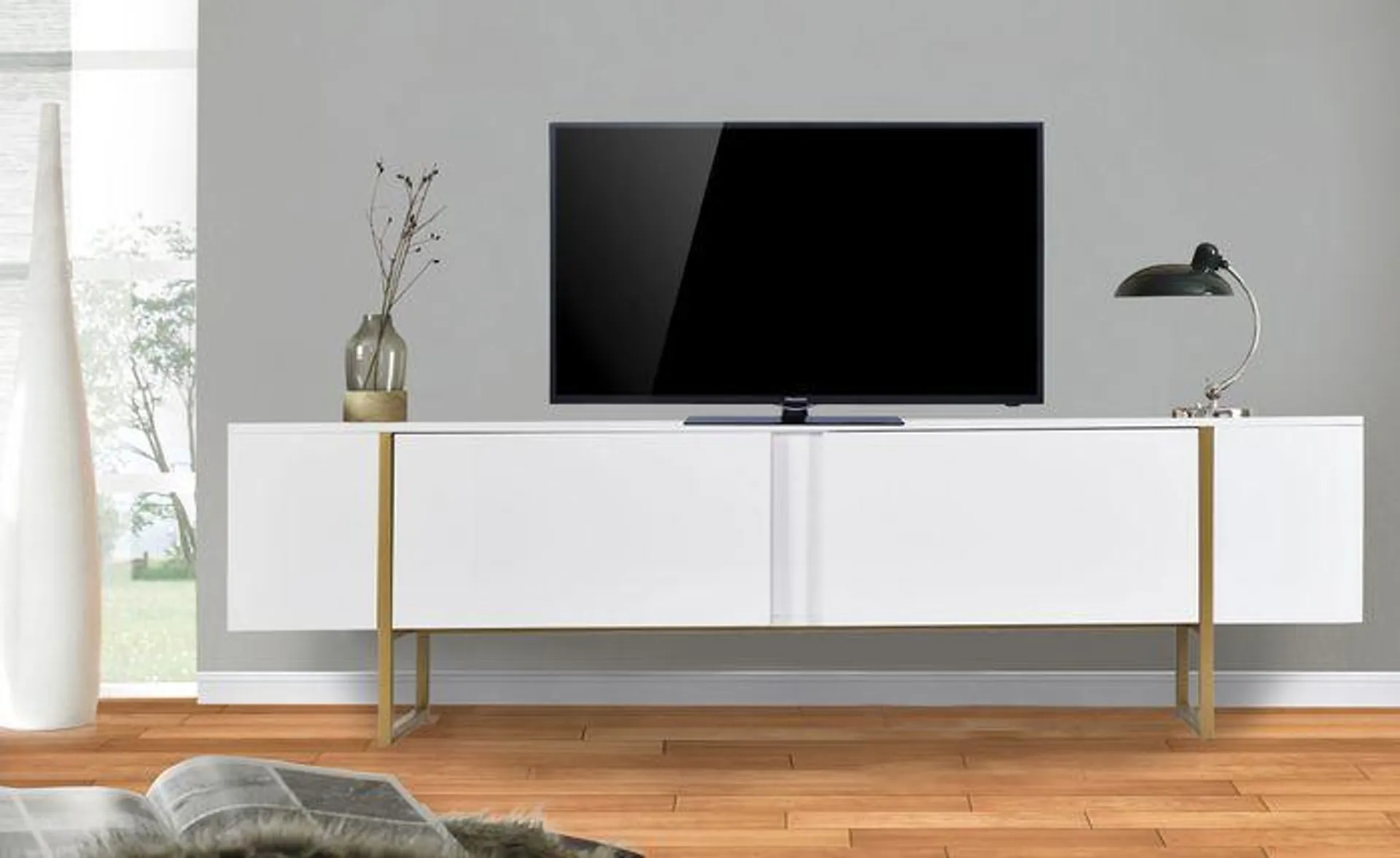 Mueble TV moderno con 2 puertas Valmain L180cm Metal Blanco y Dorado