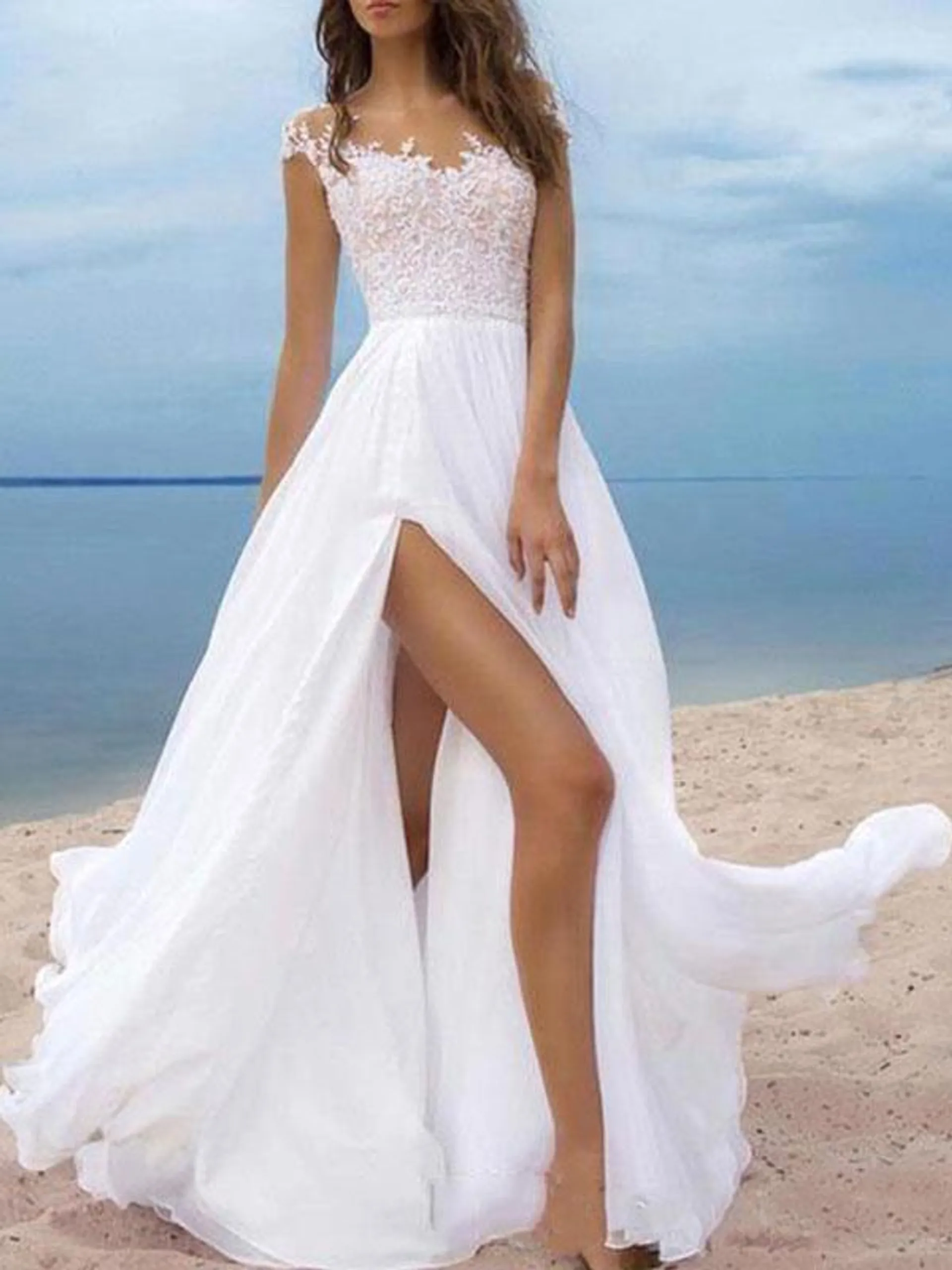 Boho Vestidos de novia 2024 Chifón Escote en V Manga corta línea A Split Frente Vestidos de novia para boda en la playa