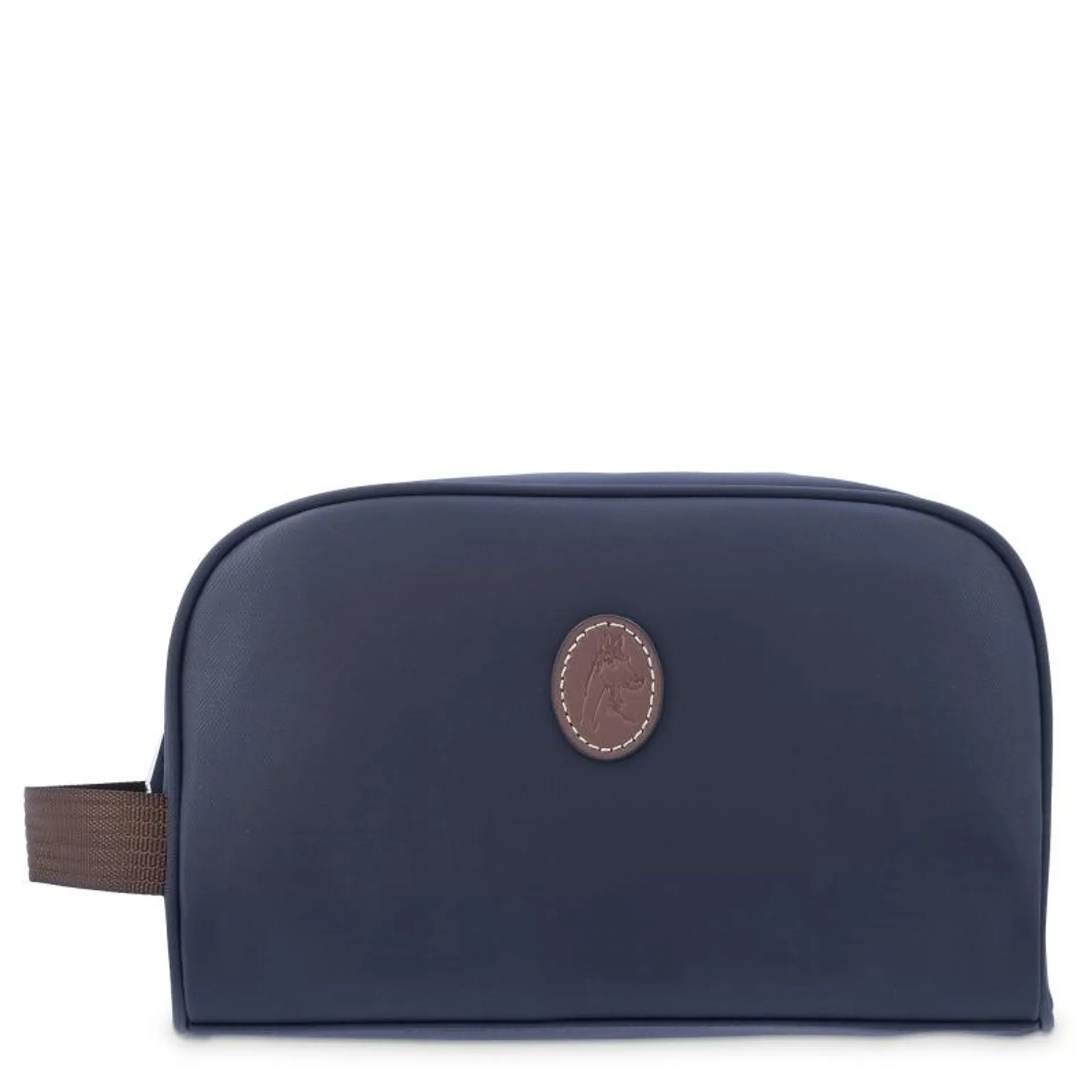 Bolsa de aseo unisex en lona azul y piel vacuno color cuero-Paris