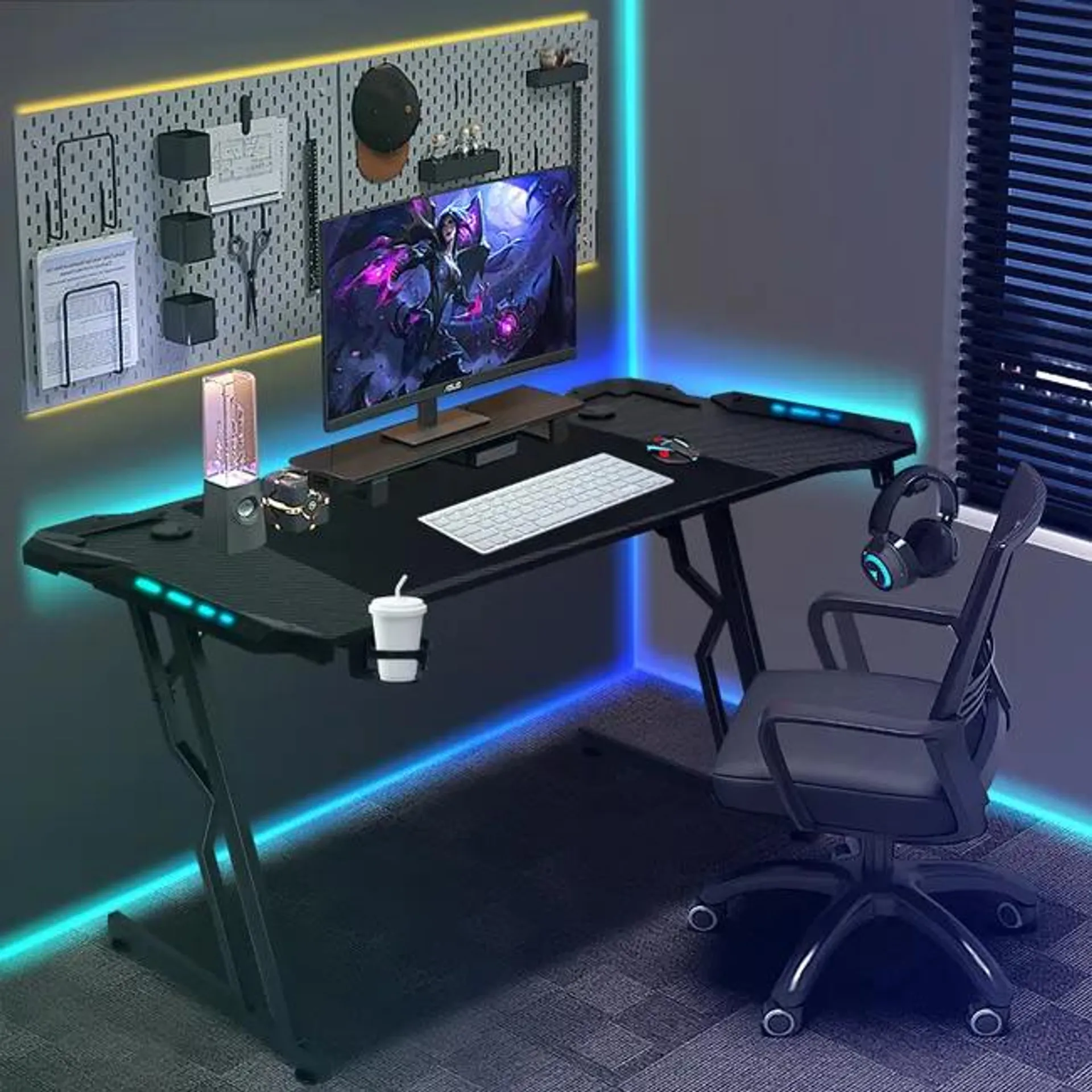 Escritorio Gamer en forma de Z ,120X60CM ,Escritorio Gaming, portavasos, portaauriculares y alfombrilla