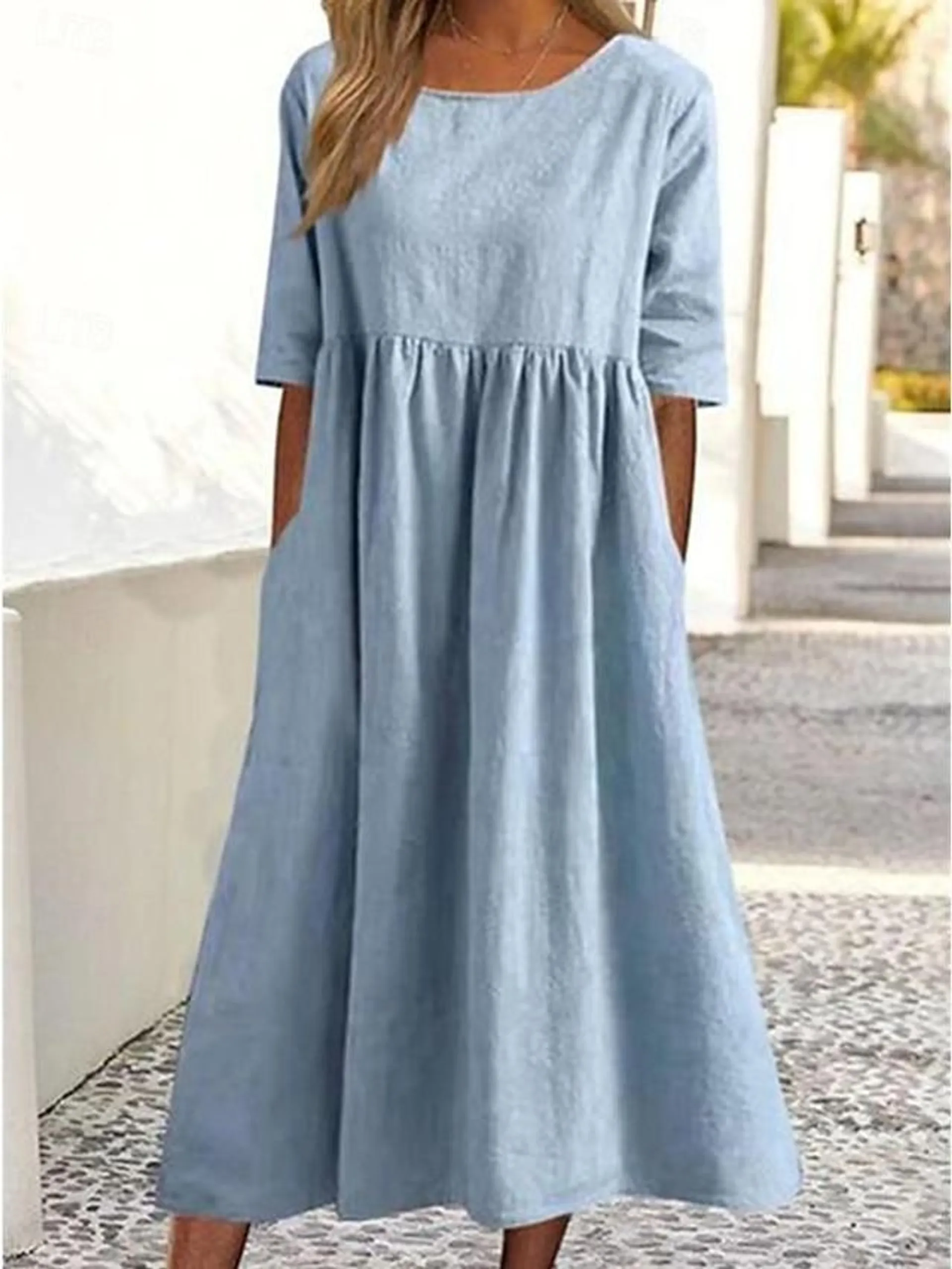 Women's Casual Dress Cotton Linen Dress Midi Dress Pocket Basic Daily Shirt Collar Half Sleeve Summer Spring White Royal Blue Plain