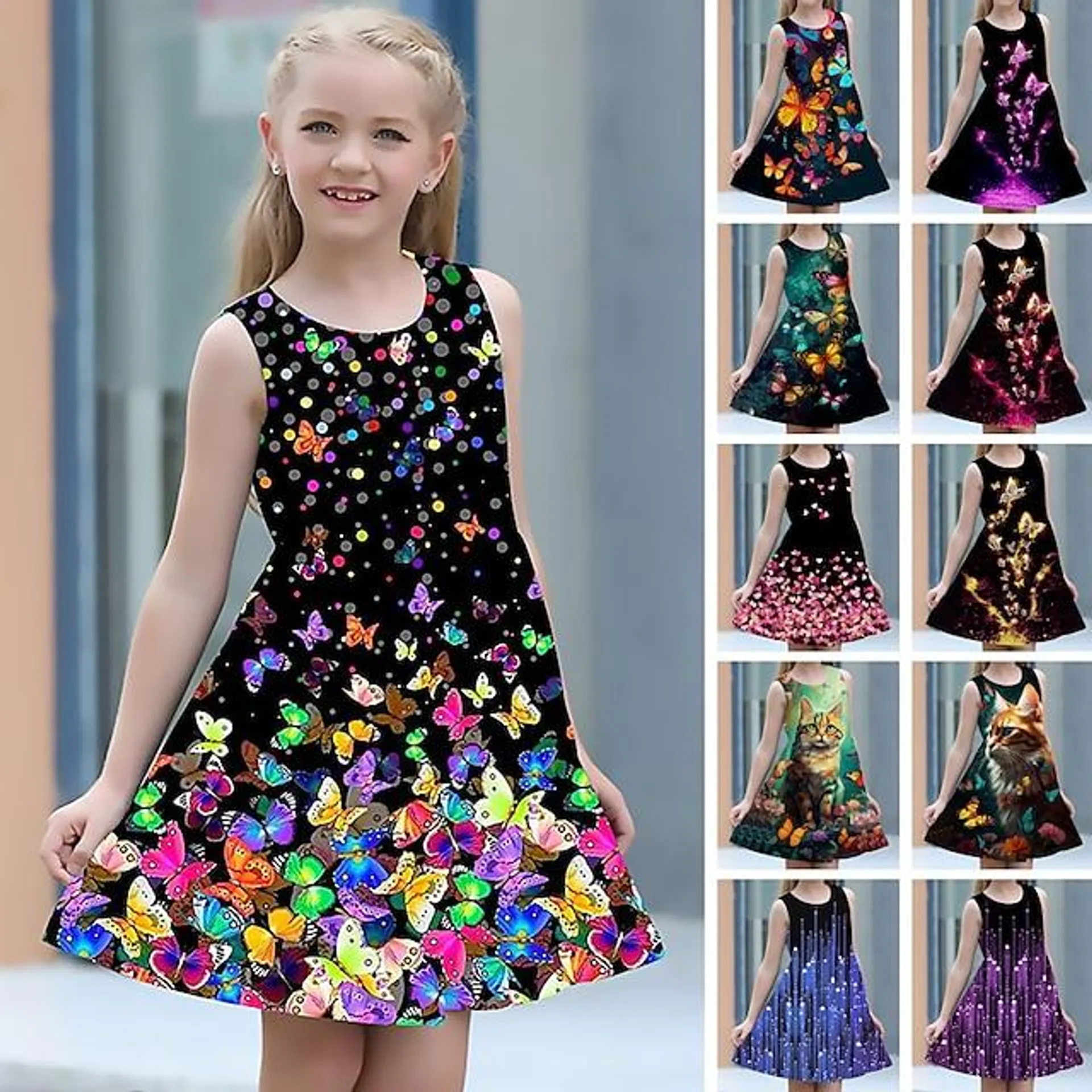 Girls ' 3D Graphic Mariposa Vestido Sin Mangas Impresión 3D Verano Primavera Deporte Diario Festivos Estilo lindo Casual Dulce Niños 3-12 años Vestido informal Vestido de una línea Vestido de Tanque