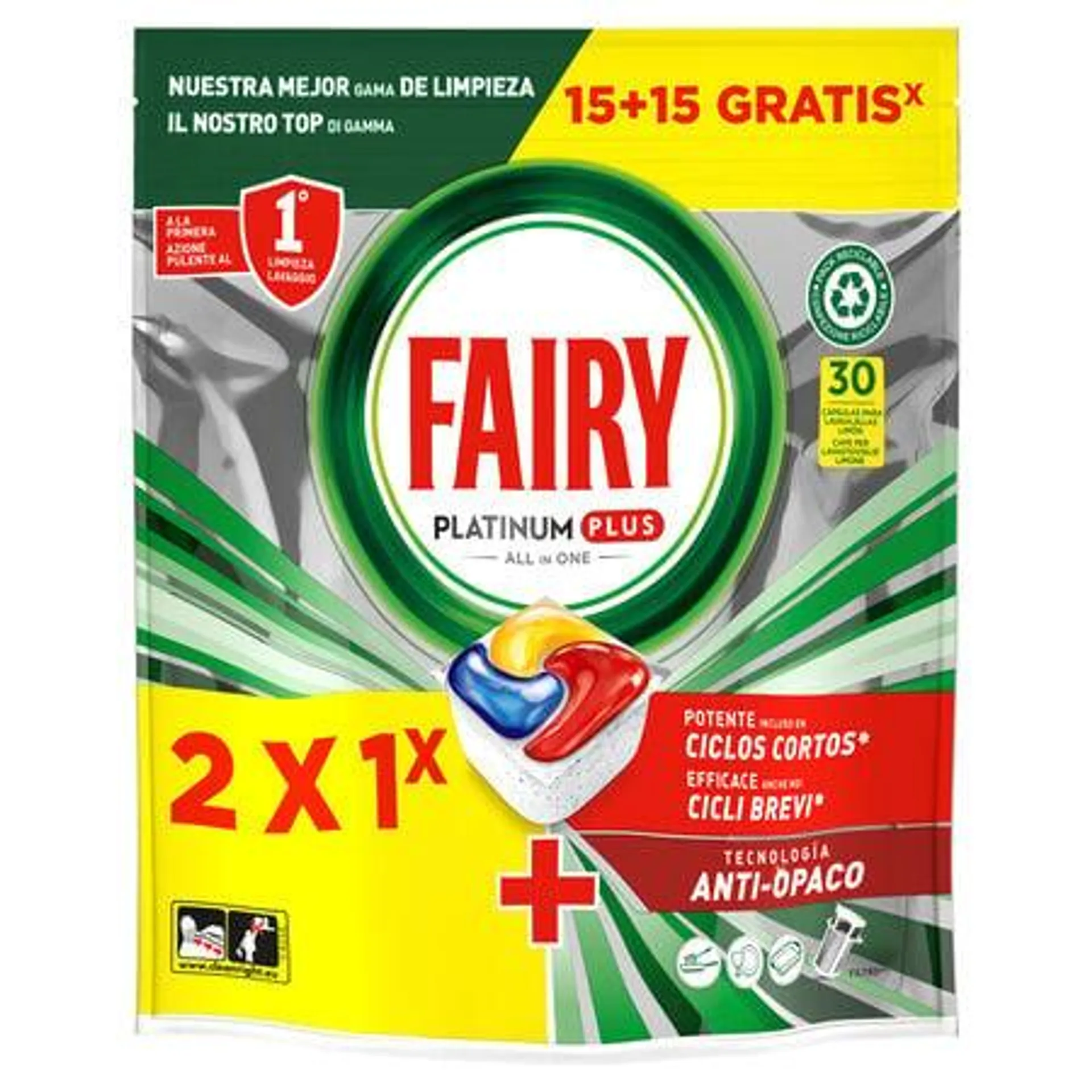 Detergente en pastillas para lavavajillas Fairy Platinum plus Limón 15+15 uds