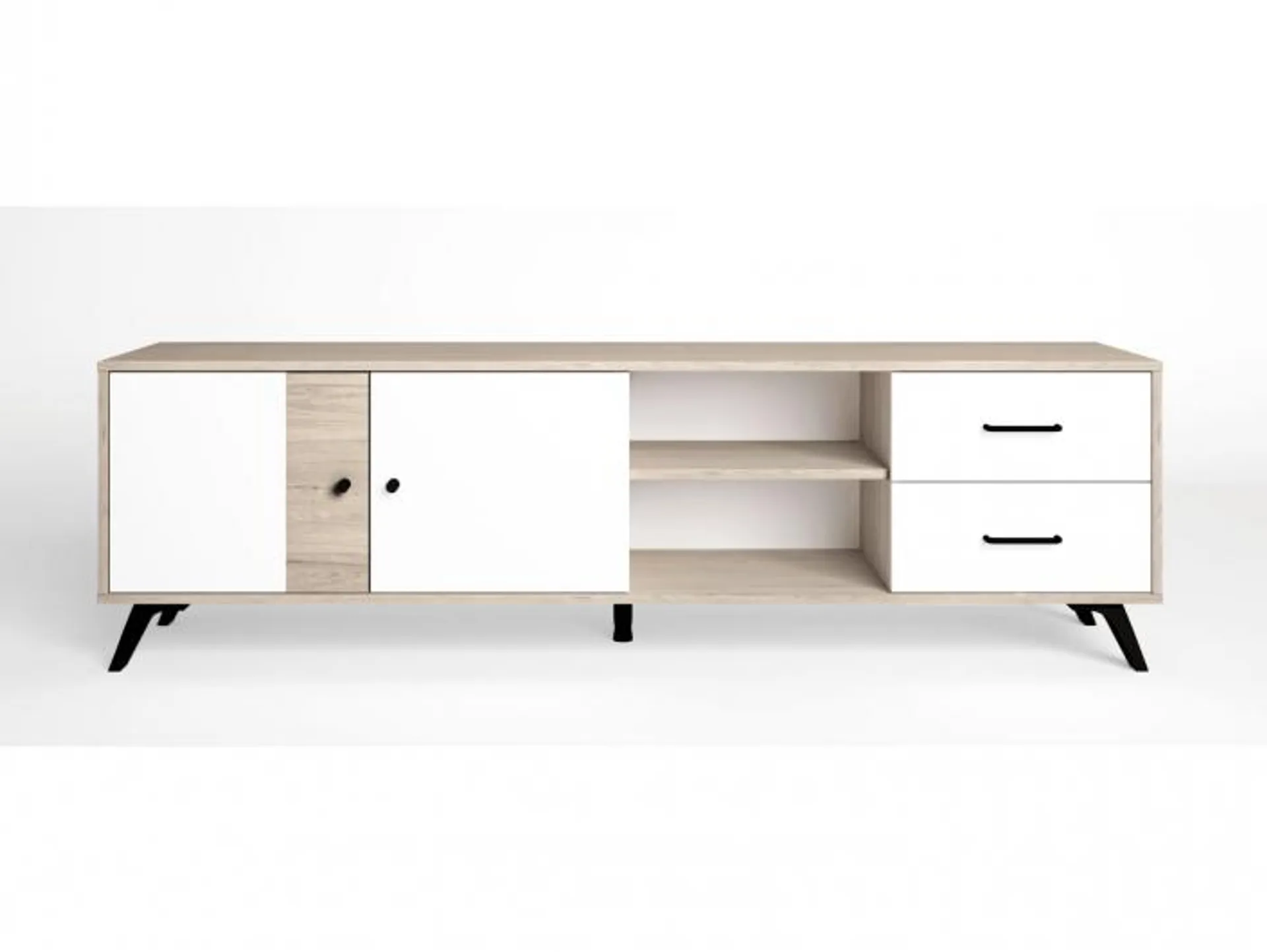 Mueble Tv con puertas, cajones y huecos color sahara-blanco mate