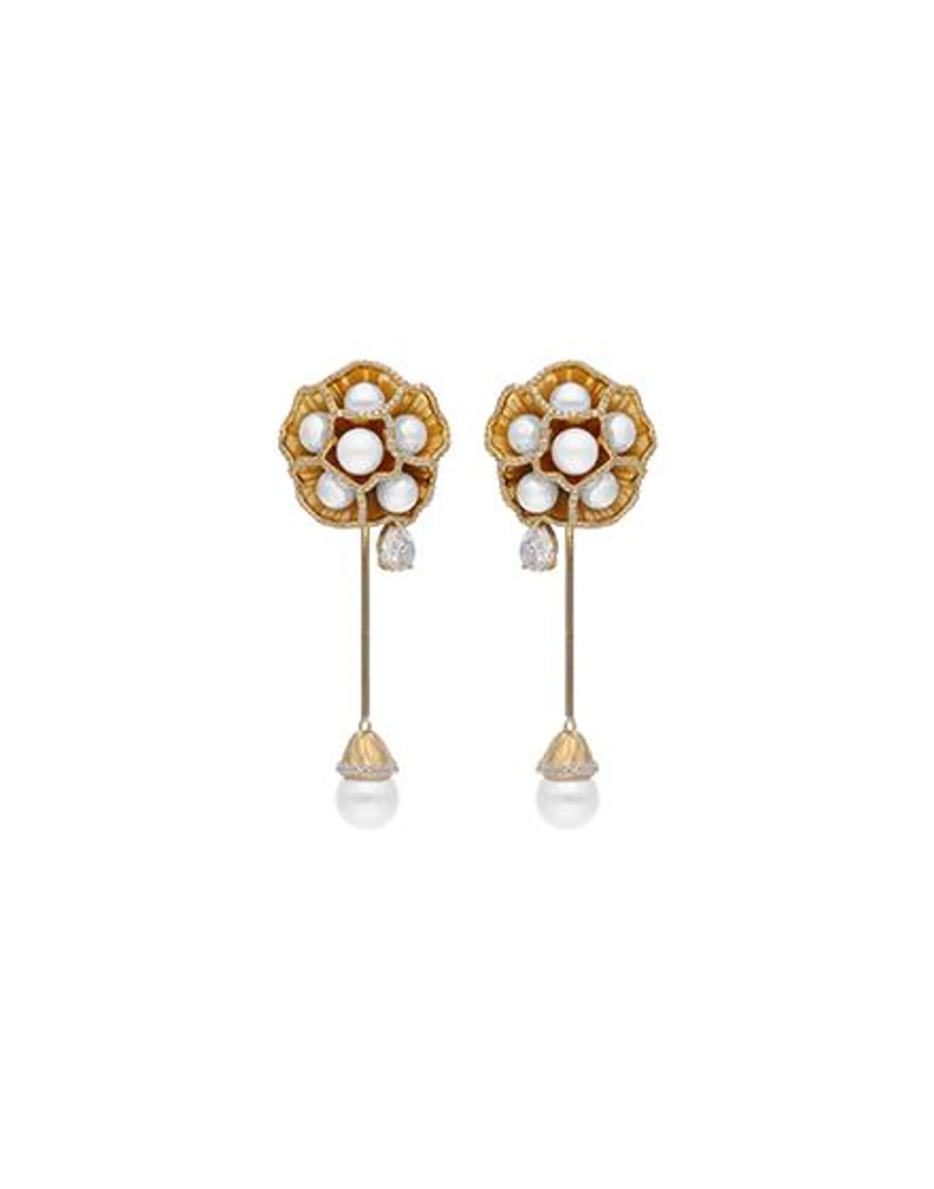 Pendientes largos Clavelina de perlas y flor con circonitas