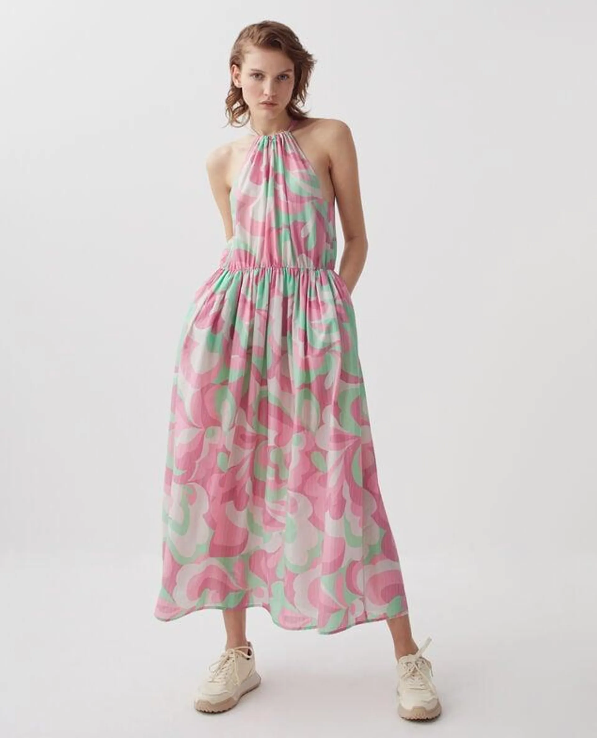 Robe longue encolure américaine anemone pink