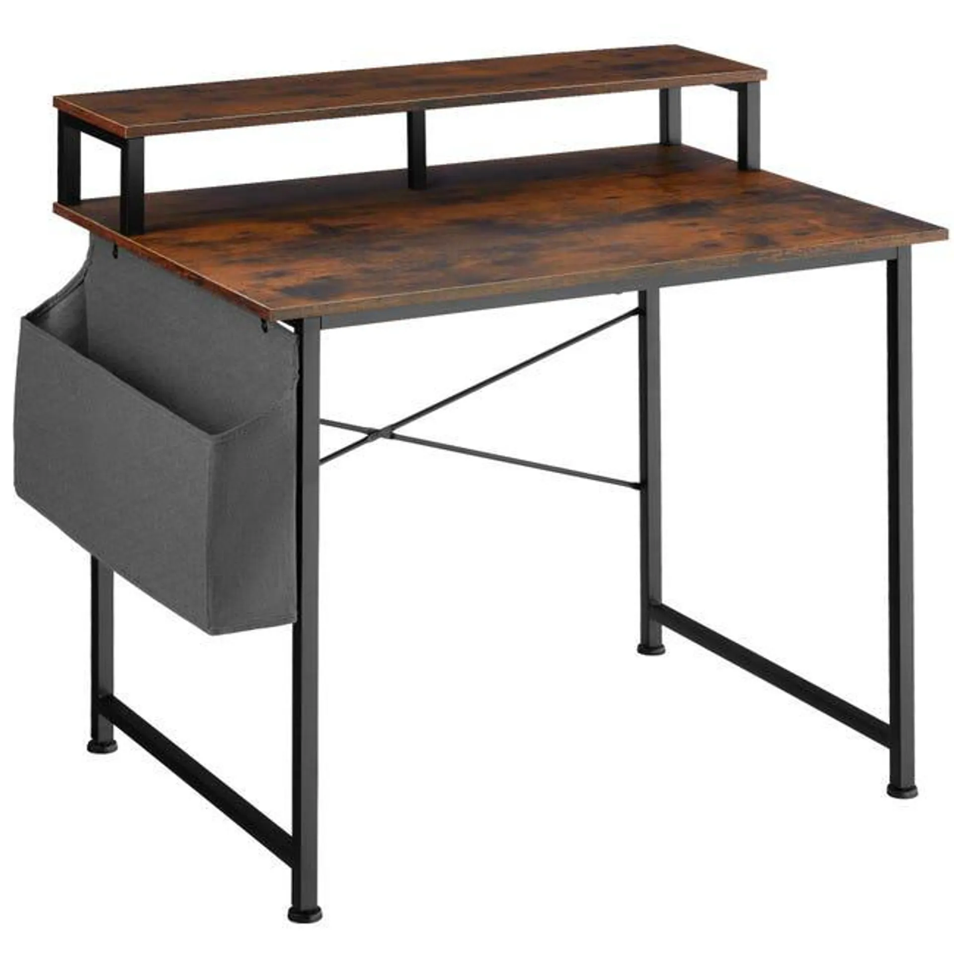 Tectake Mesa de escritorio con estante y bolsa de tela - Madera industrial oscura, rústica, 120 cm