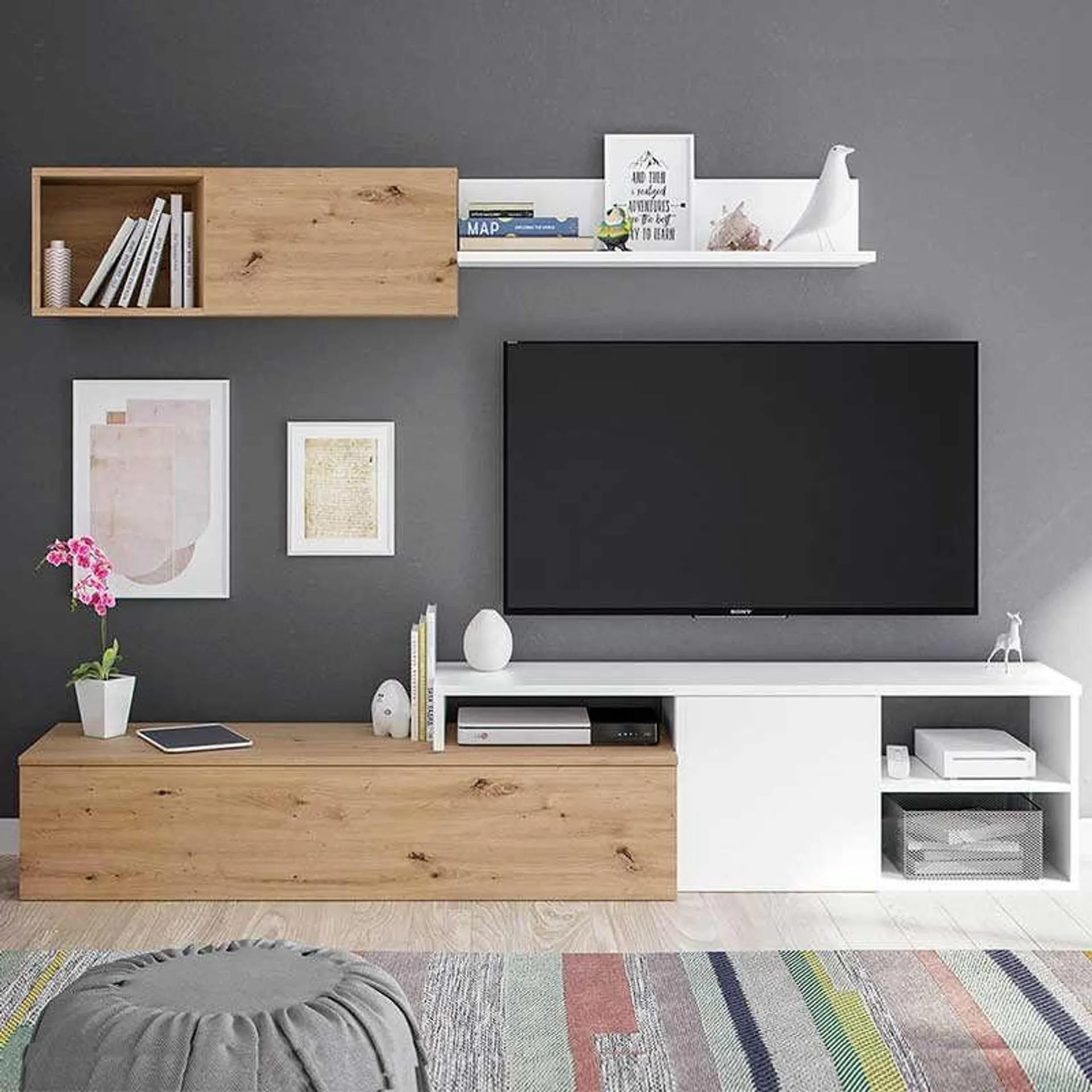 Composición de salón Nexo Plus mueble TV+módulo flotante roble nodi/blanco artik