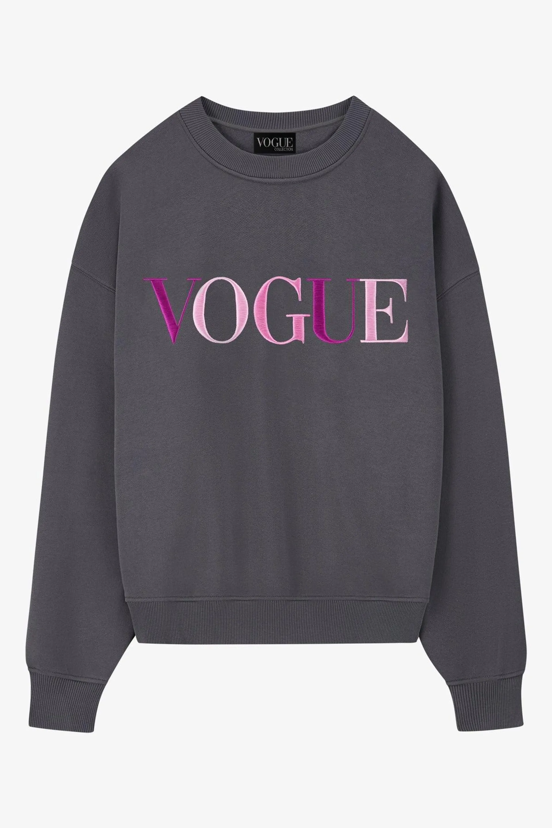 Sudadera VOGUE gris con logo bordado rosa rainbow