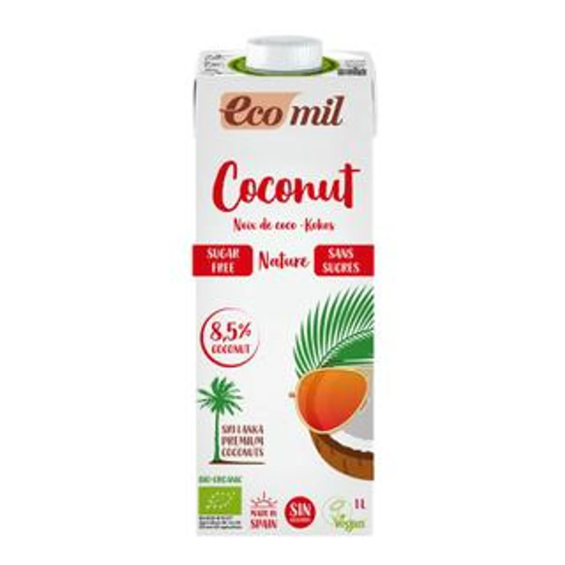 Bebida vegetal de coco sin azúcar, sin gluten y sin lactosa Ecomil 1L