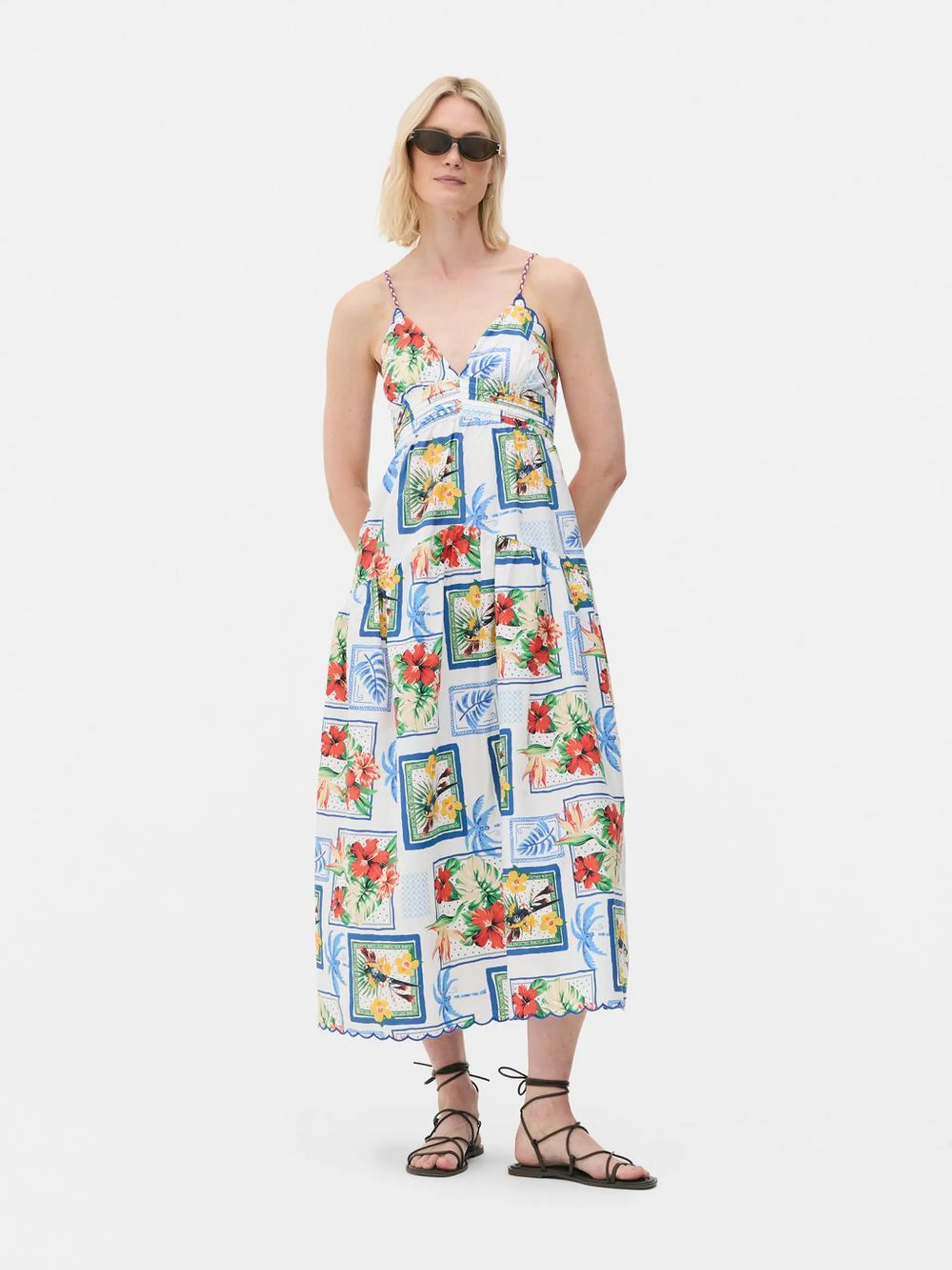 Vestido midi estampado con postal tropical