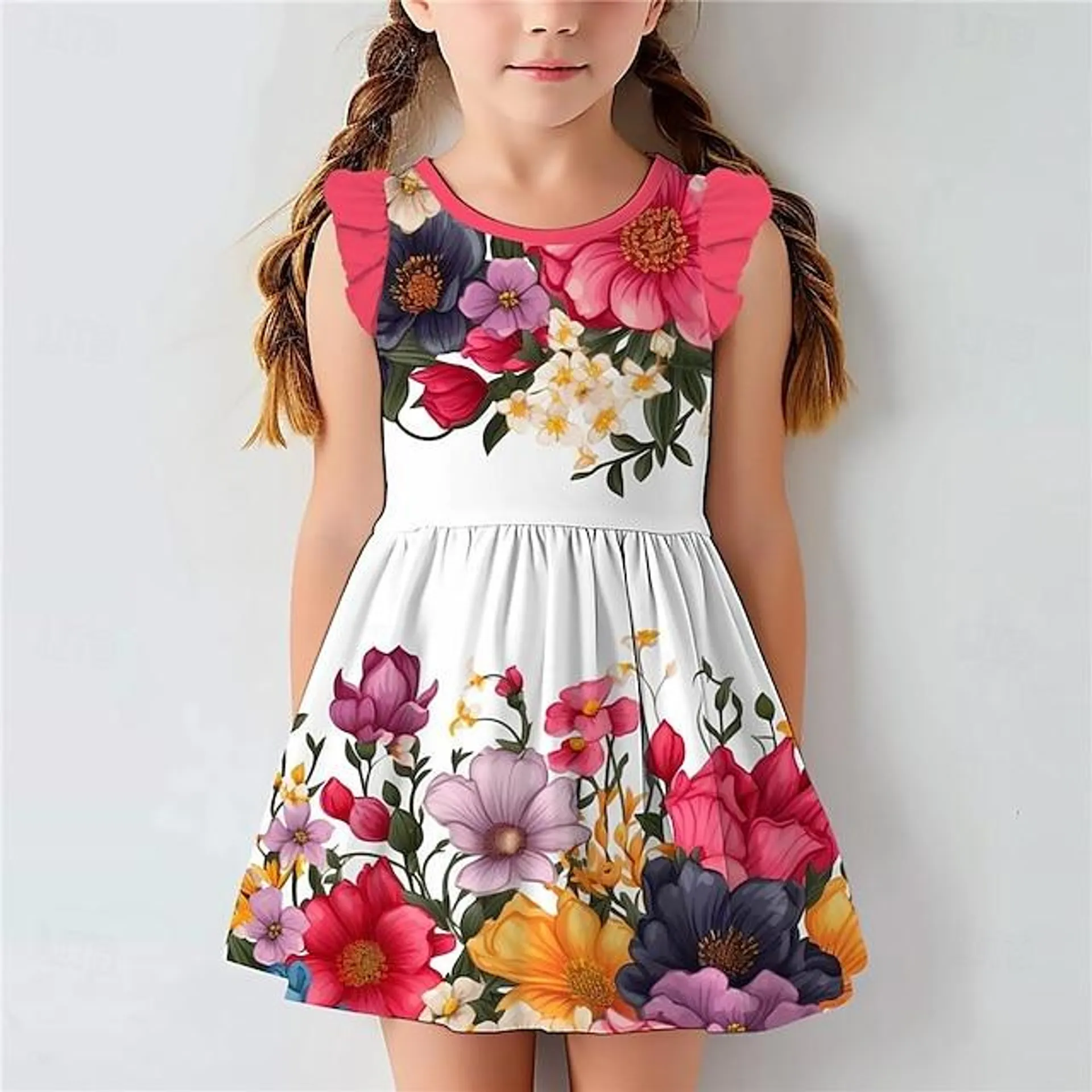 Girls ' 3D Floral Vestido de volante Rosa Sin Mangas Impresión 3D Verano Diario Festivos Casual Hermosa Niños 3-12 años Vestido informal Vestido de Tanque Sobre la rodilla Poliéster Ajuste regular