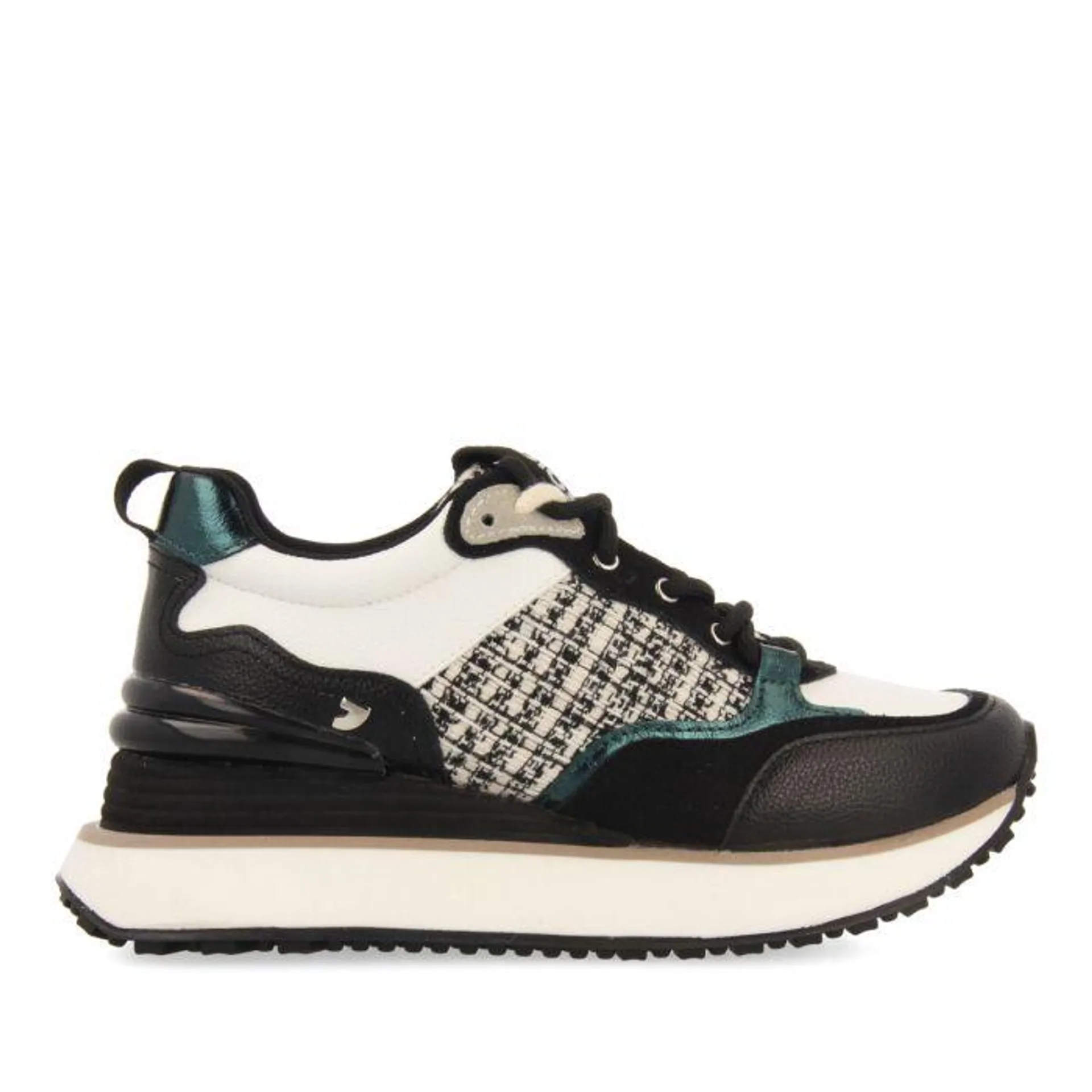 Bregenz women's black sneakers with inner wedges and pieces in black, white, green and shiny fabric