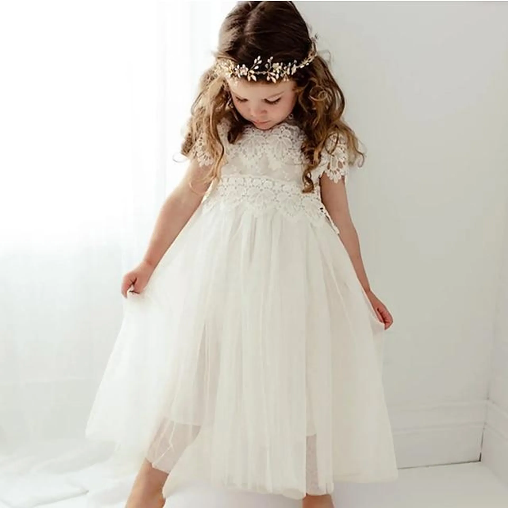 Vestido de niña de flores, vestido de fiesta para niñas, vestido de fiesta de flores, vestido maxi, rendimiento, cuello redondo fruncido, manga corta, vestido elegante, 2-8 años, primavera, blanco, azul polvoriento.