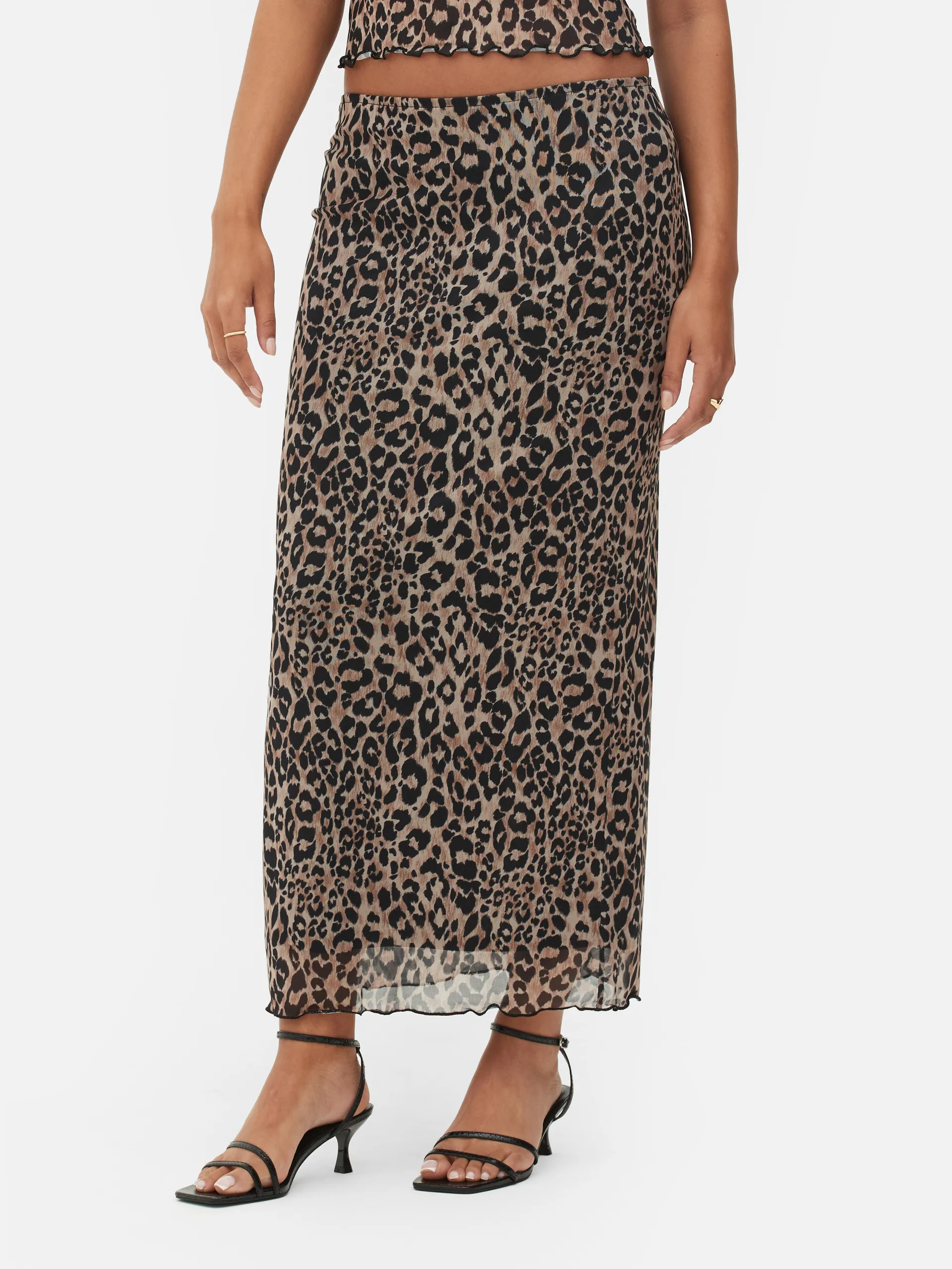 Co-Ord Leopard Mesh Overlay Midi Skirt