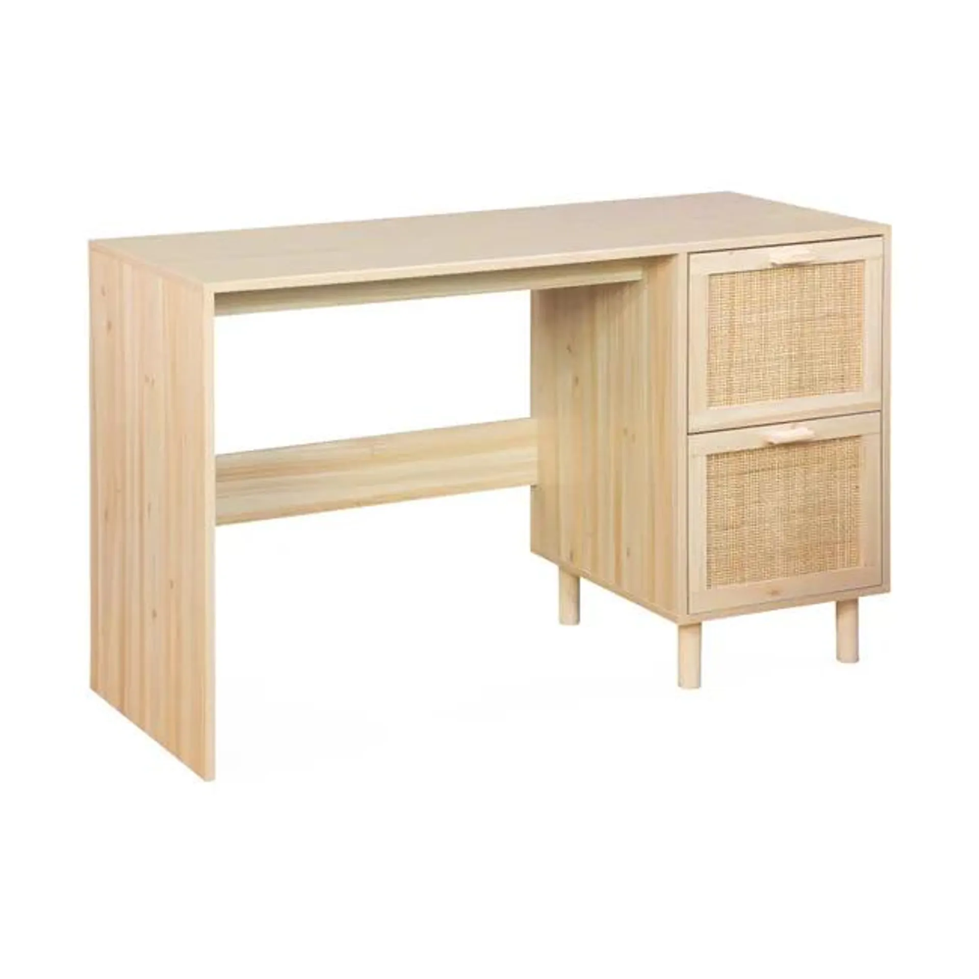 Escritorio efecto caña y madera con 2 cajones, Camargue, Natural, 120x48x75 cm