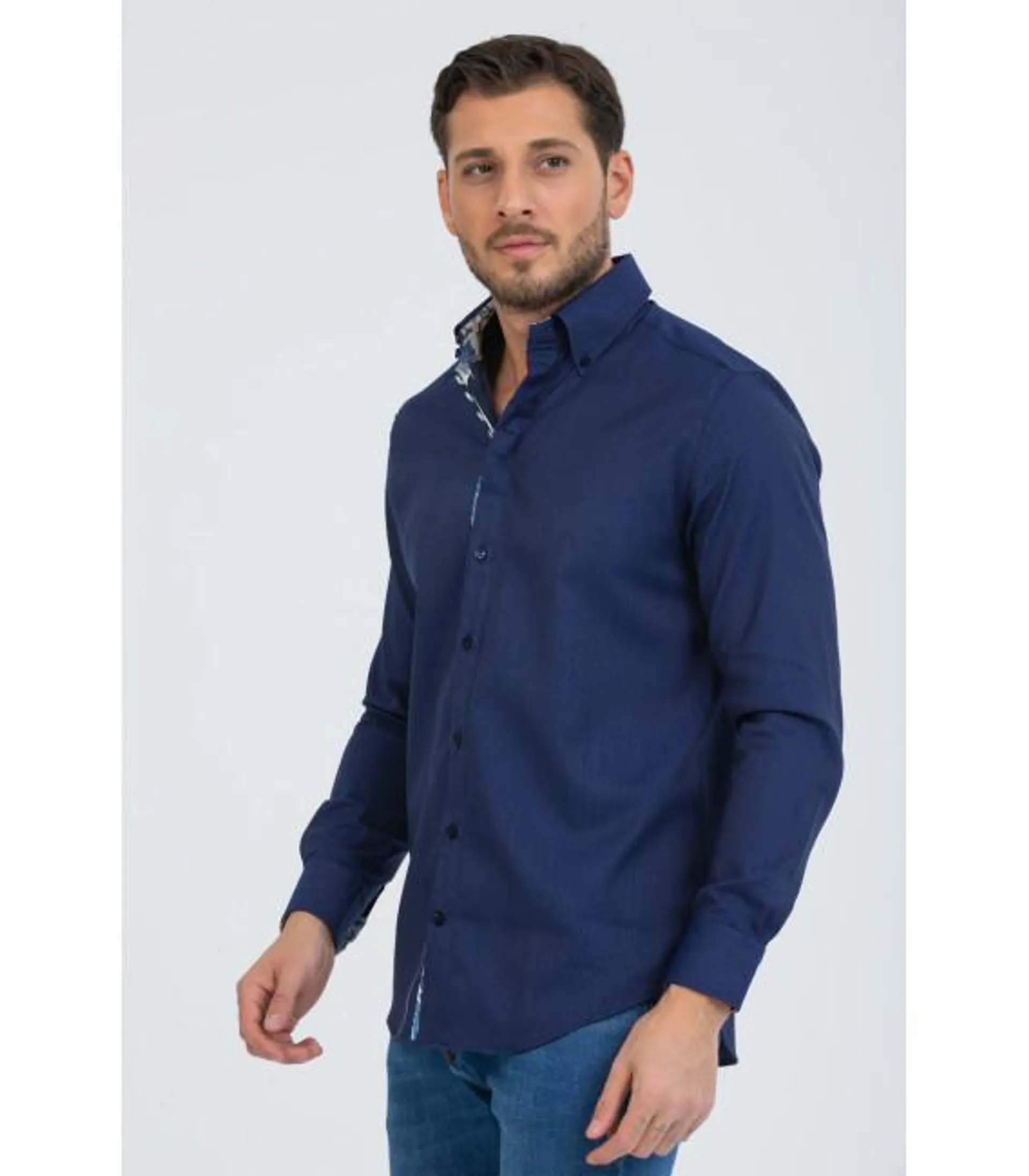 Camisa delgada con 2 botones para hombre Jacquard Fantasias Azul