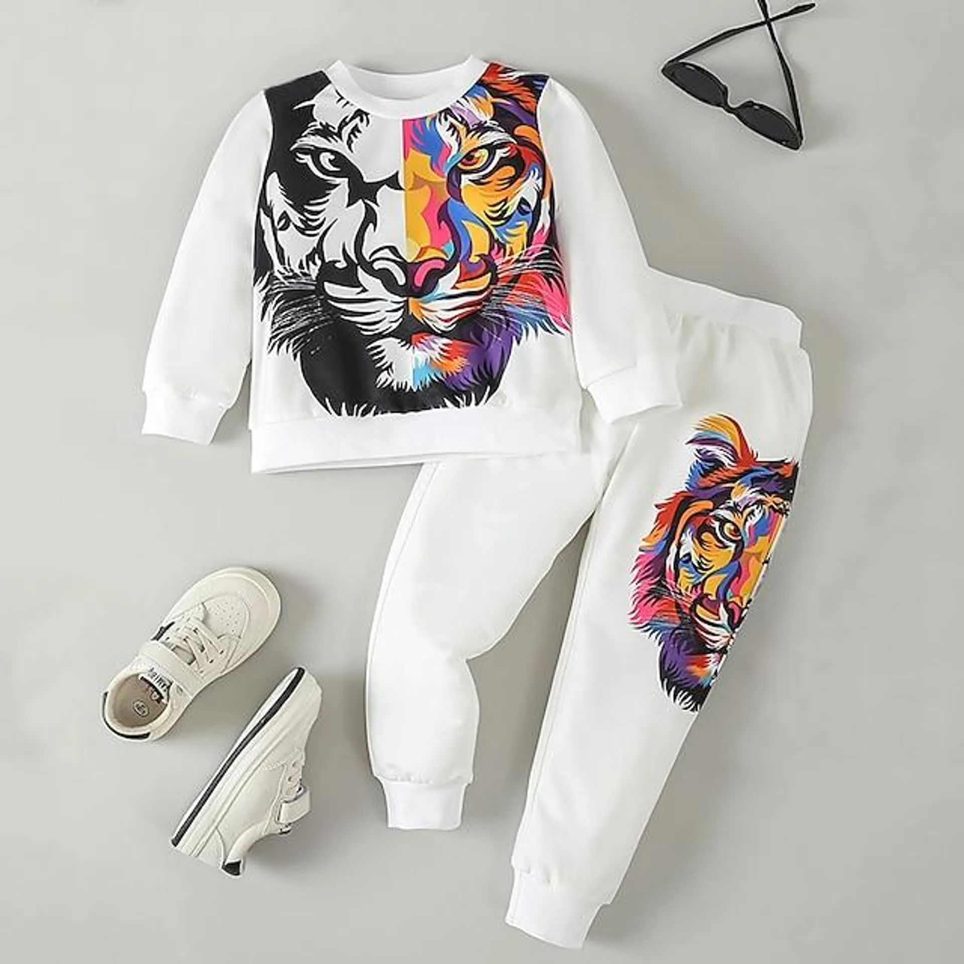 2 Piezas Bebé Chico Conjunto de sudadera y pantalón deportivo Vestimenta Graphic Manga Larga Retazos Algodón Establecer Exterior Activo Adorable Diario Primavera Otoño 3-7 años Blanco