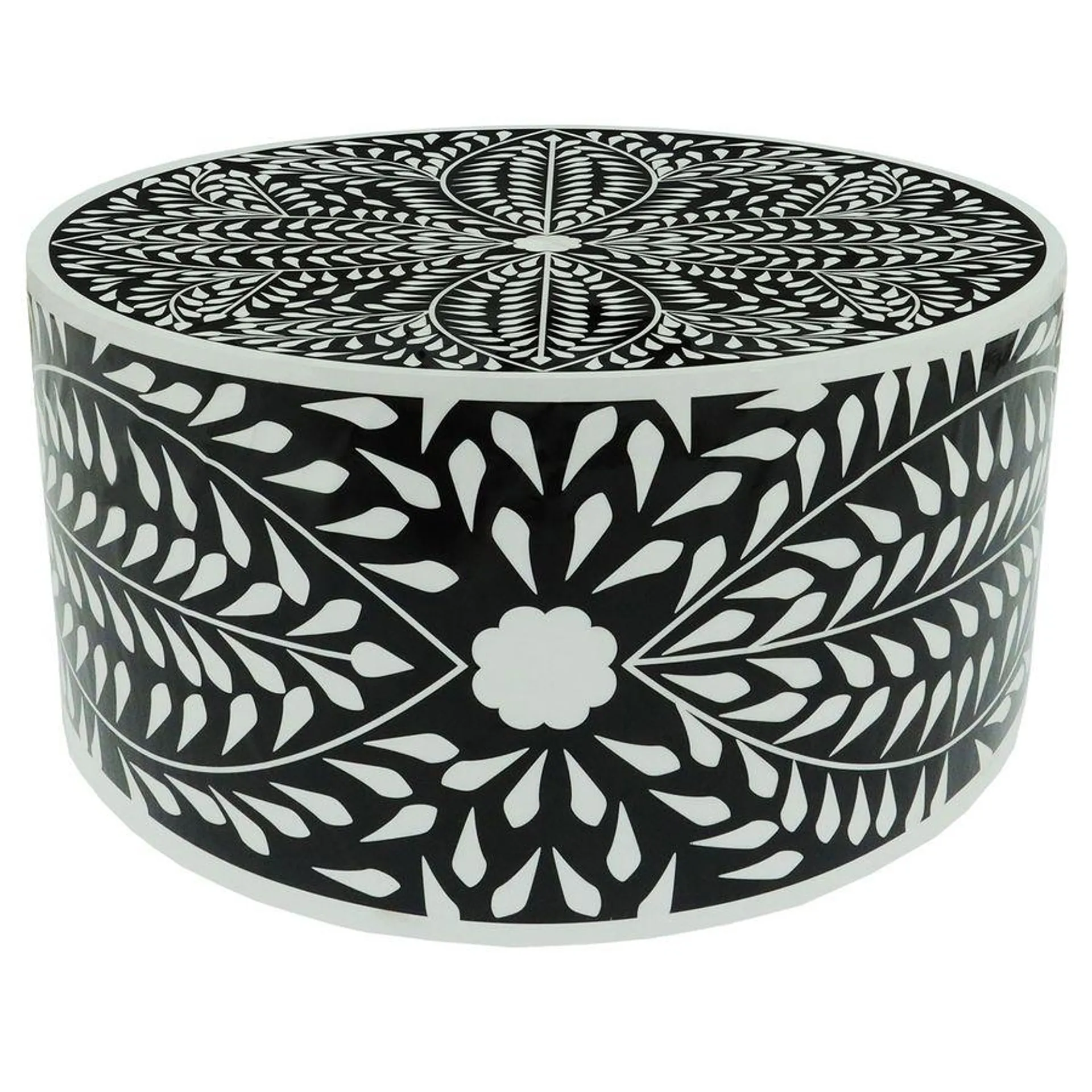 Mesa de centro redonda de estilo arty Ø66cm Viliana Motivo floral blanco y negro