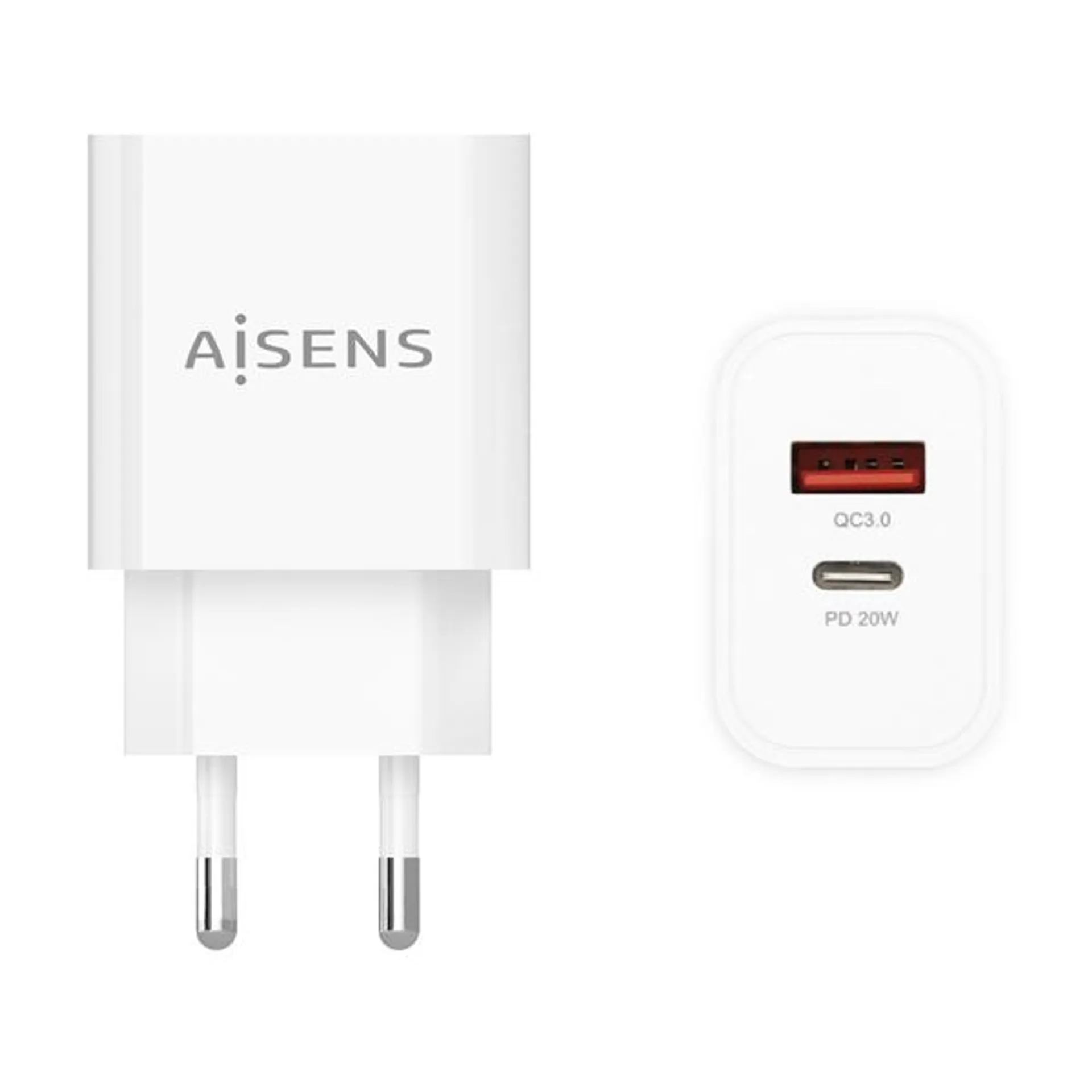 AISENS-CARGADOR 20W. 1XUSB-C PD3.0. 1XUSB-A QC3.0. BLANCO