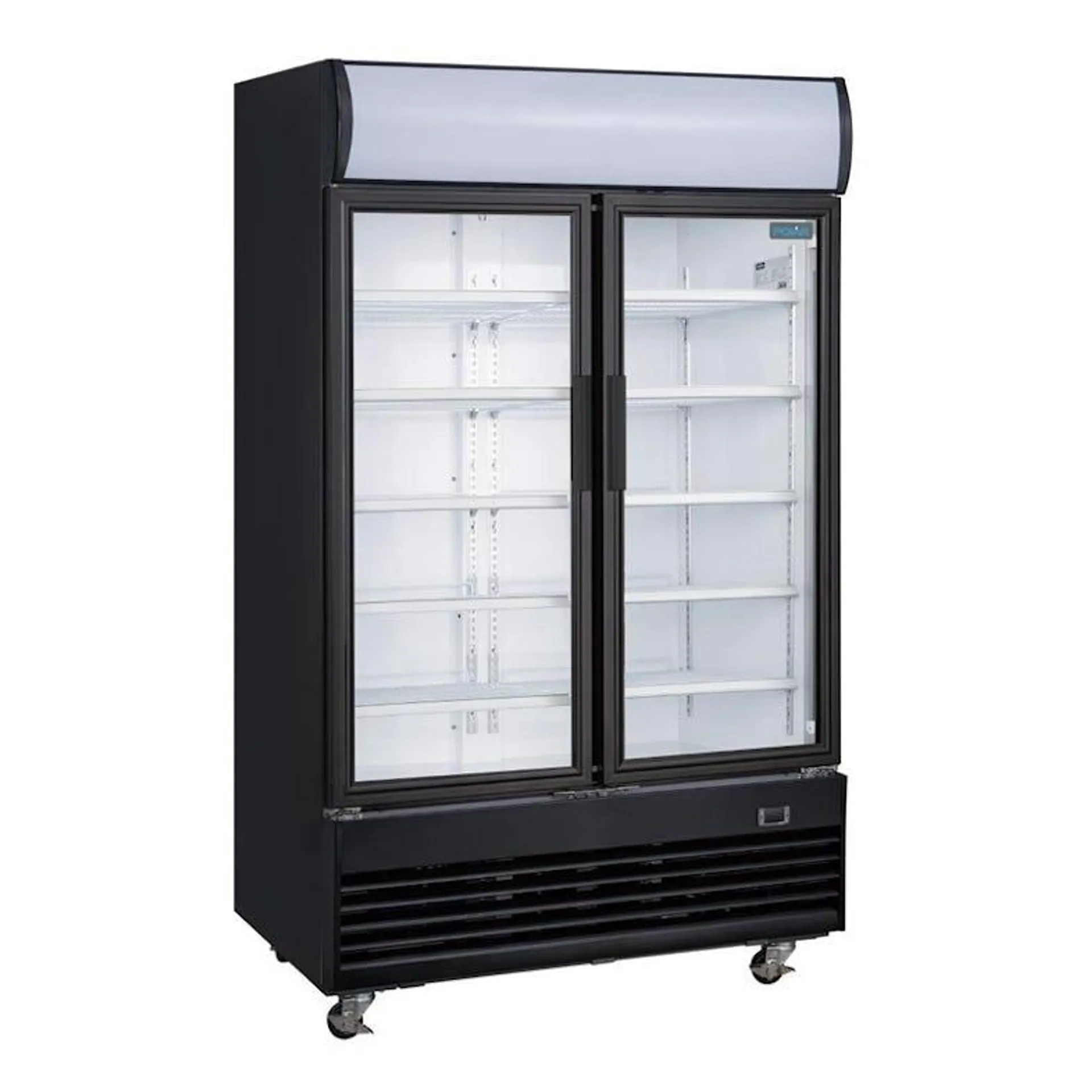 Frigorífico expositor para bebidas con panel iluminado, negro, 2 puertas de vidrio abatibles, con cerradura, 950L Polar GM813