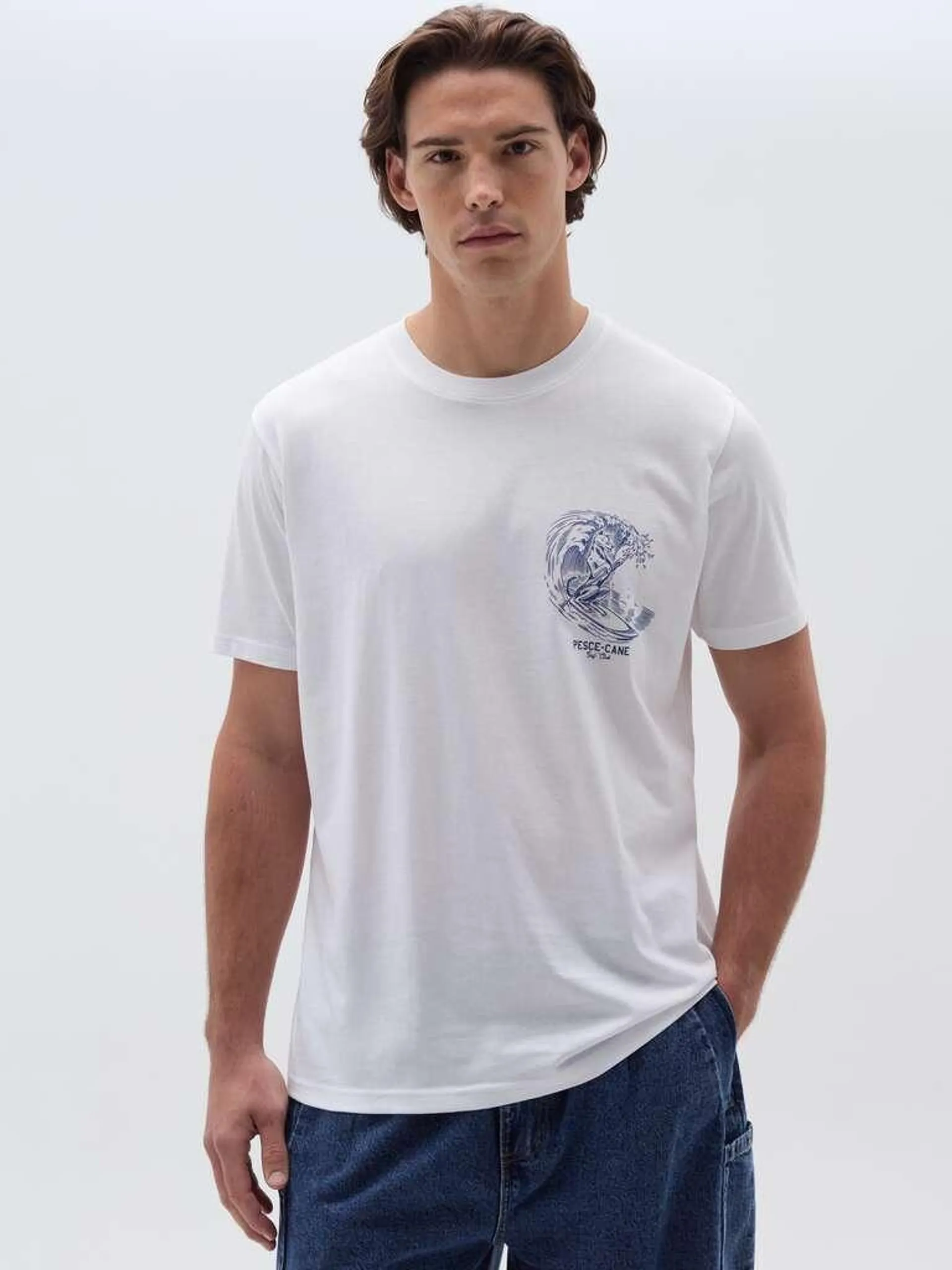 Optical White Cotton T-shirt with surf motif print