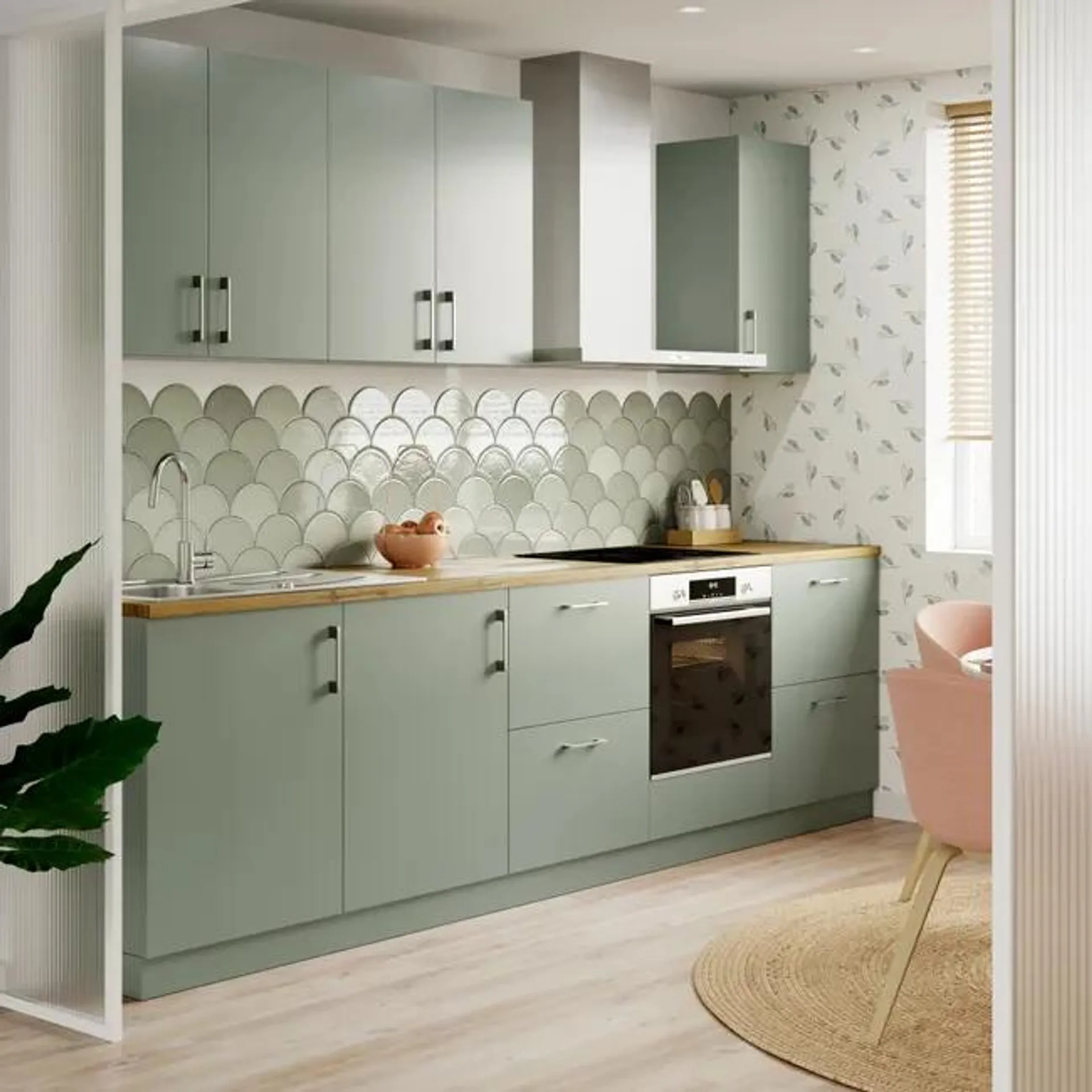 Cocina en kit Vienne verde 300 cm con 3 módulos altos + 5 módulos bajos