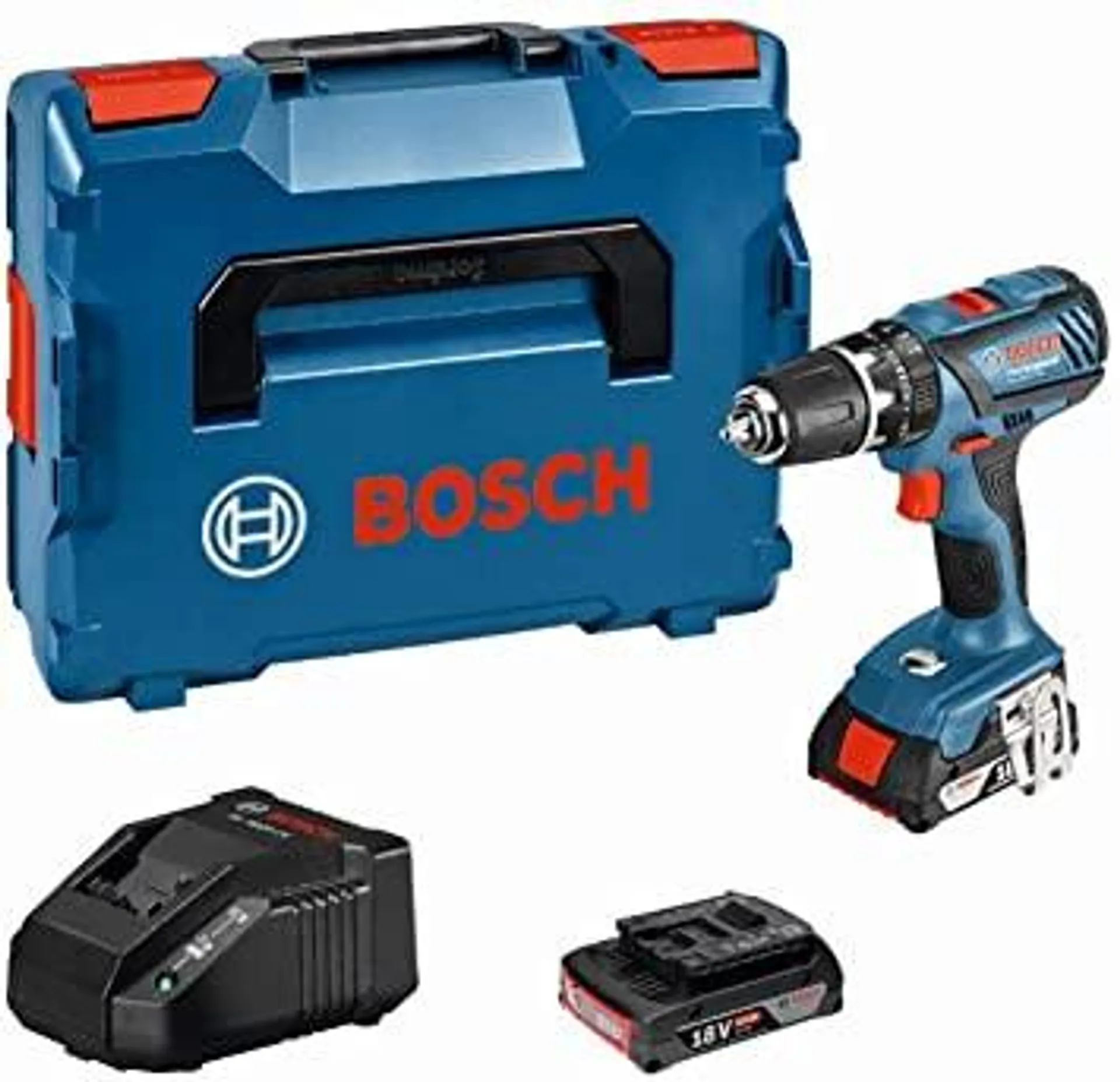 Bosch GSB 18-2 Li Plus 18V Li-Ion Taladro percutor a batería en set (2x baterías de 2.0 amperios) en L-Boxx