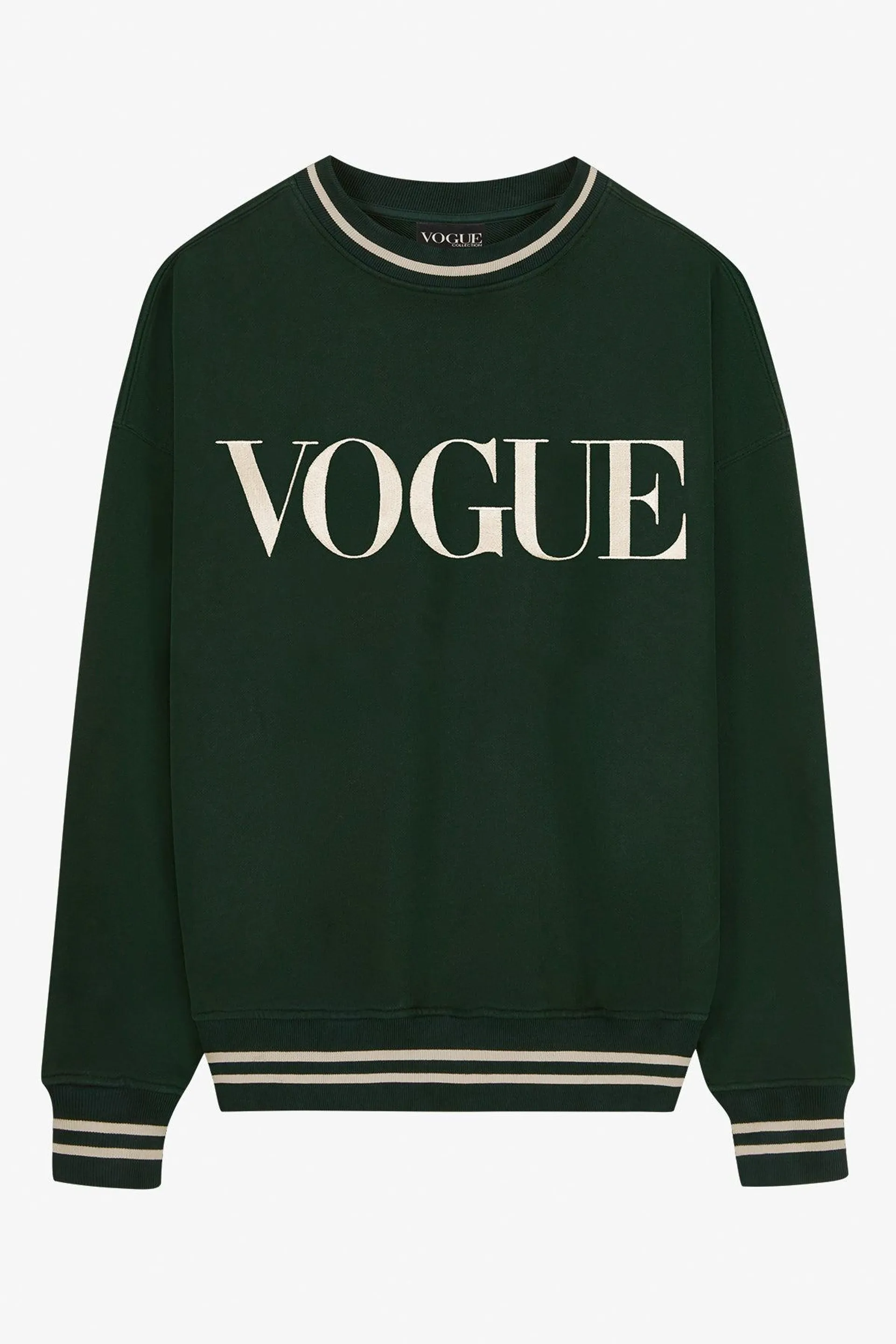 Sudadera VOGUE verde con logo bordado en crema