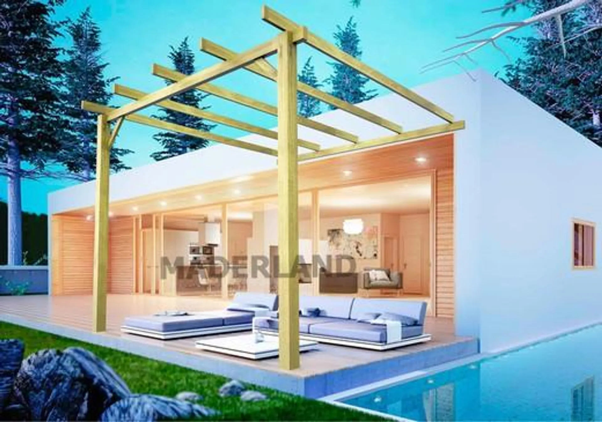 Pérgola adosada a pared de madera maciza Huesca para decorar espacios exteriores