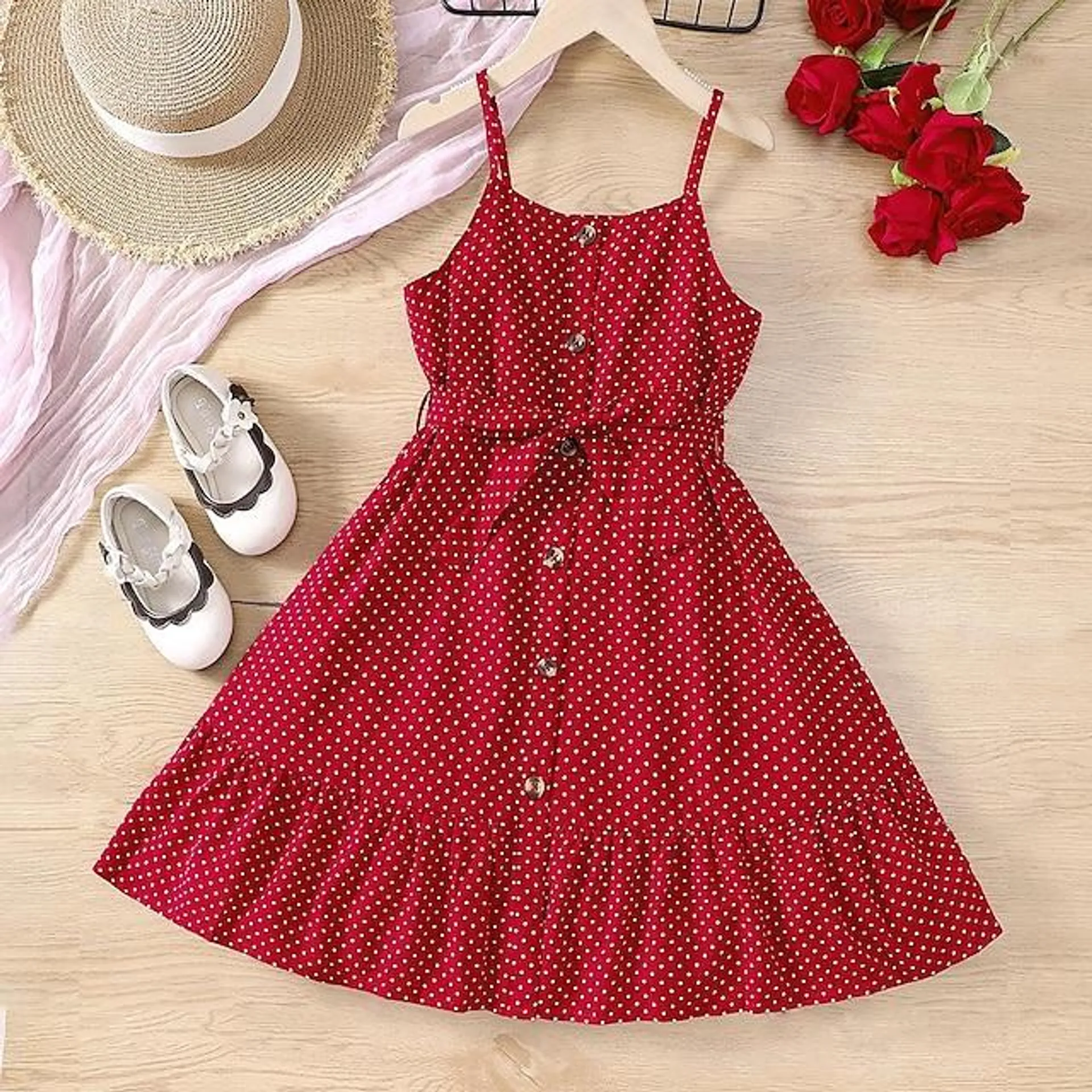 Falda con tirantes de lunares rojos para niña, primavera/verano, empalmada con falda de hoja de loto, vestido pequeño y fresco para vacaciones de ocio