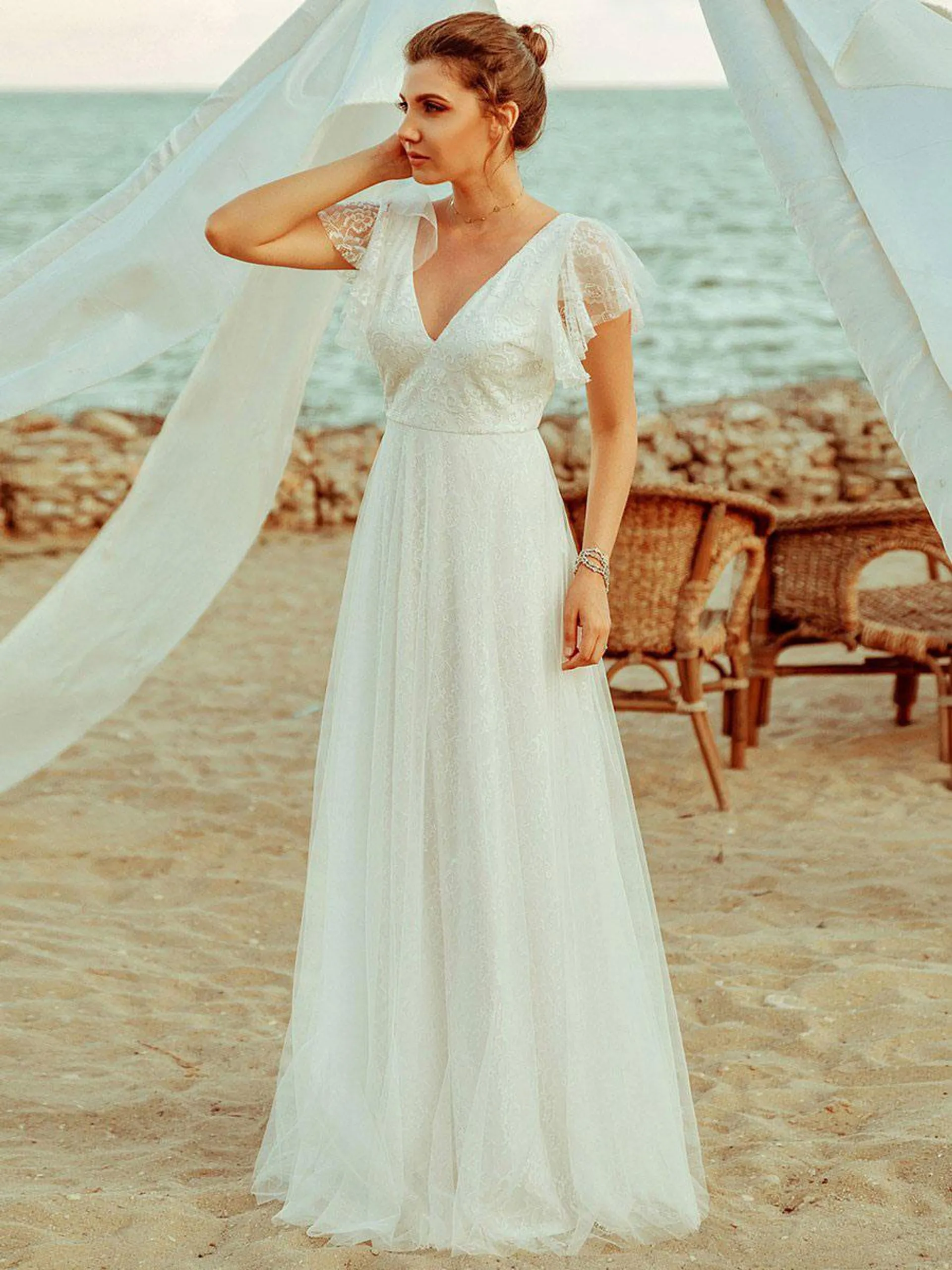 Vestido de novia simple 2024 Línea A Cuello en V Manga corta Hasta el suelo Tul Vestidos de fiesta de bodas en la playa Vestidos de novia