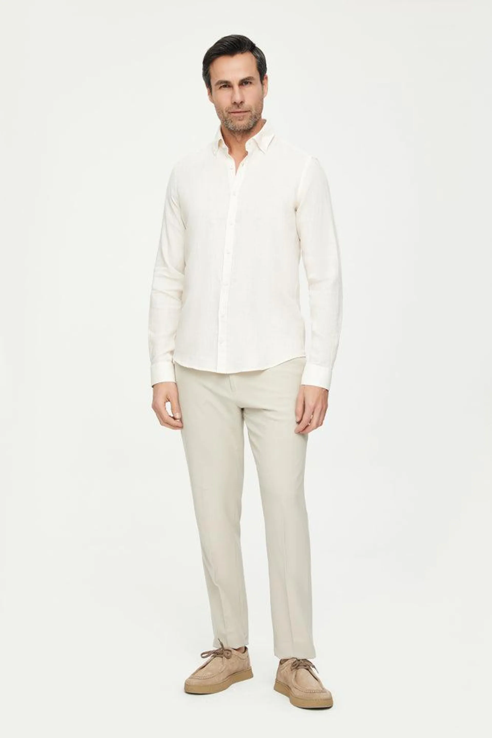 Button down Collar Linen Man Shirt Beige Plain