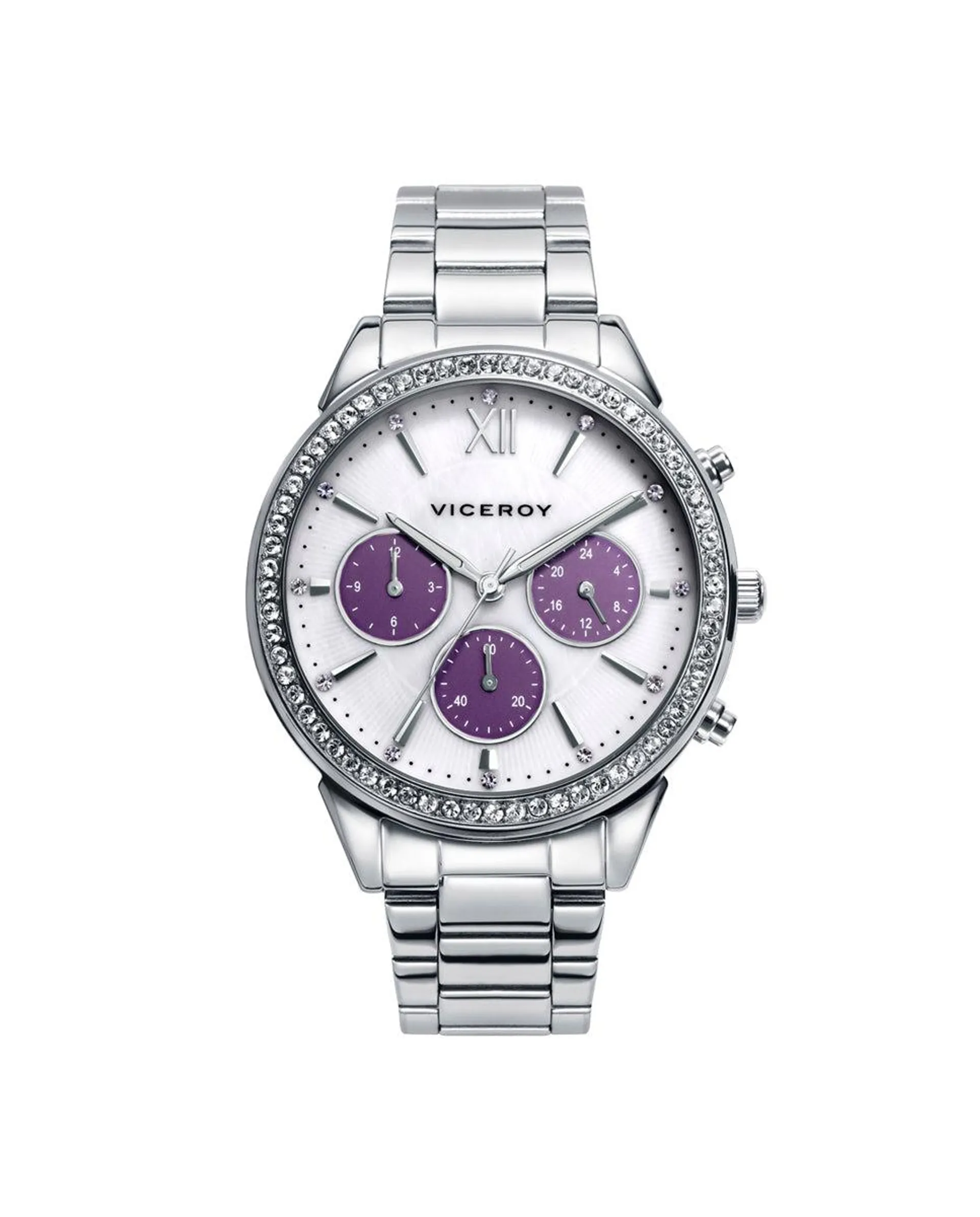 Reloj de mujer Chic de acero multifunción con esfera de madreperla y bisel con circonitas