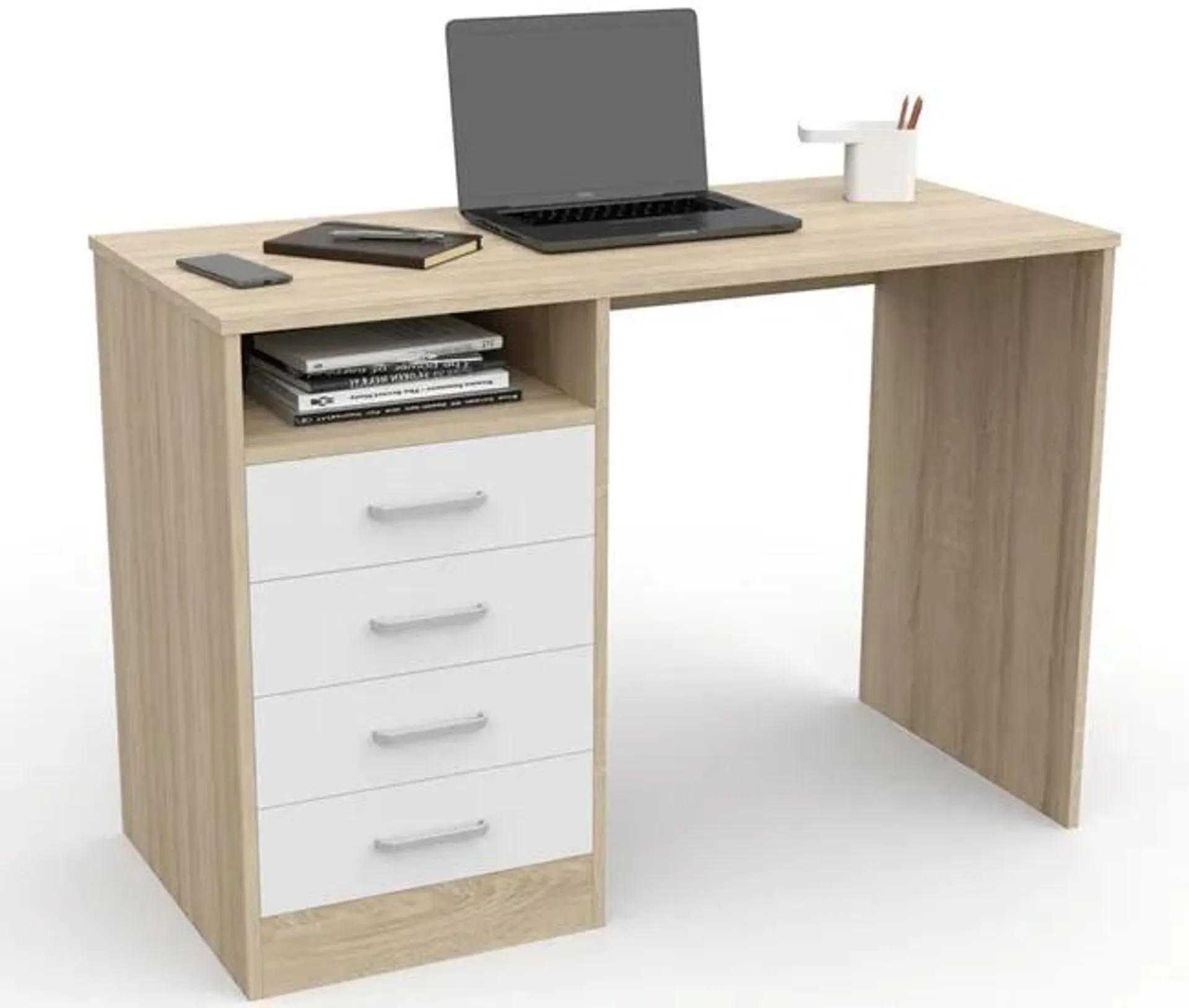 Escritorio con 4 Cajones, Mesa de Oficina, Despacho Ordenador, 110 x 76 x 50 cm Blanco / Roble Dormidán